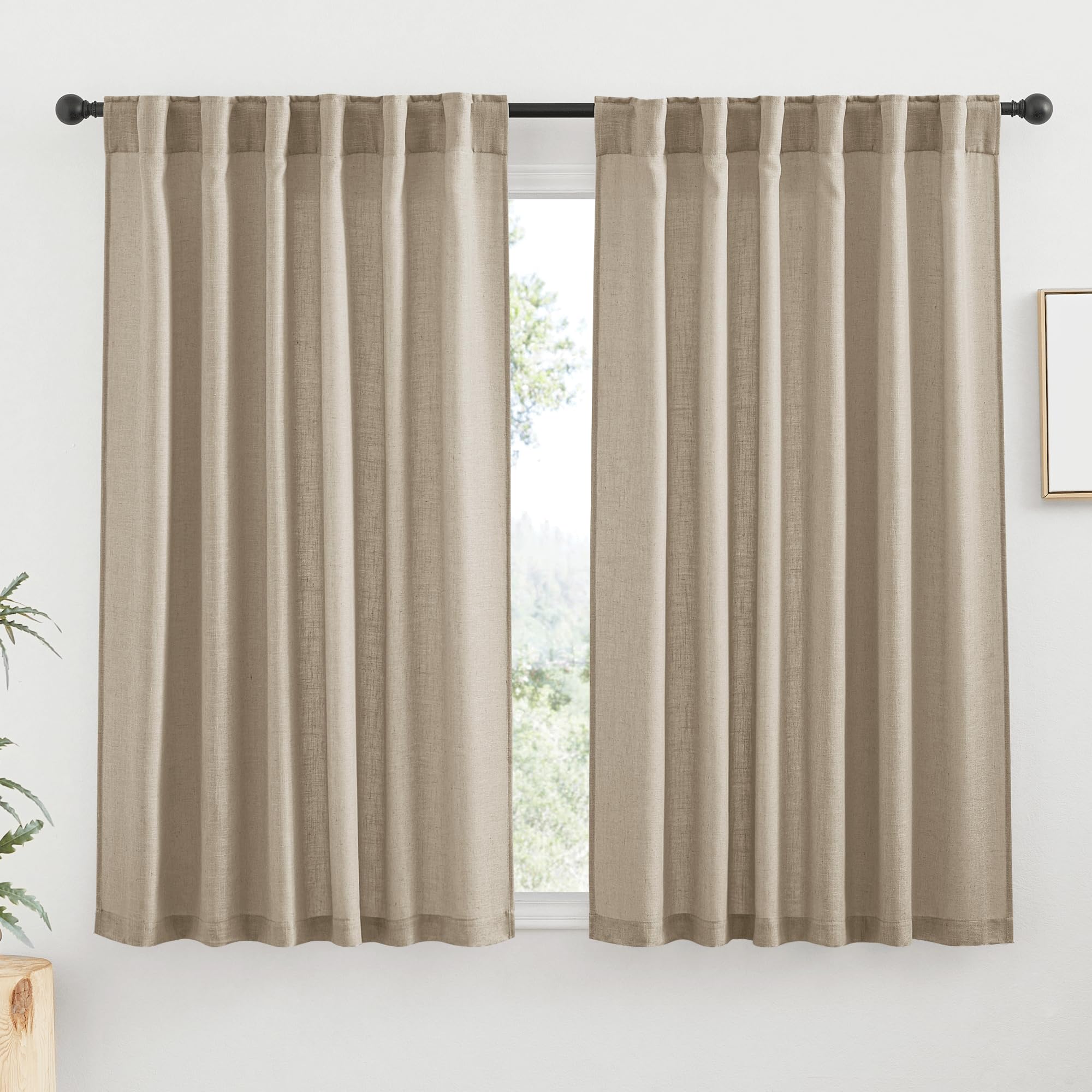 RYB HOME Farmhouse Sheer Curtains 108 inch Length, Semi Sheer Curtain & Drapes Large Window Dressing Lights & Winds Filter for Bedroom Home Office Living Room, Linen, W 70 x L 108 inch Long, 1 Pair