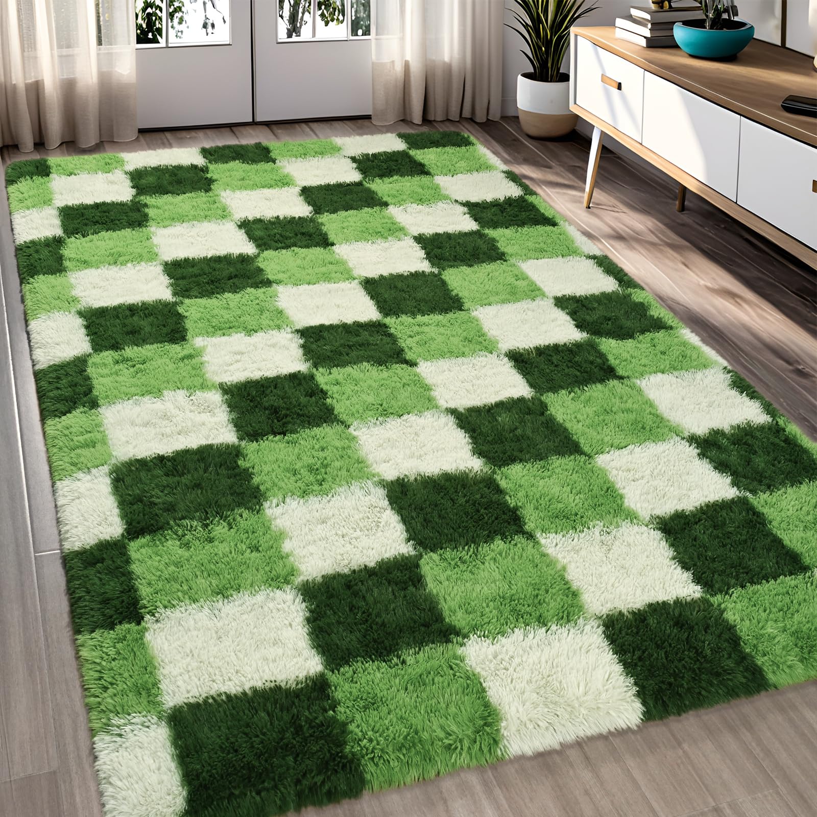 Fluffy Dark Green 6x9 Area Rugs for Living Room, Extra Large Rug for Bedroom Decor, Big Shaggy Floor Carpet, Soft Plush Thick Non-Slip Rectangle Carpets for Home Decor