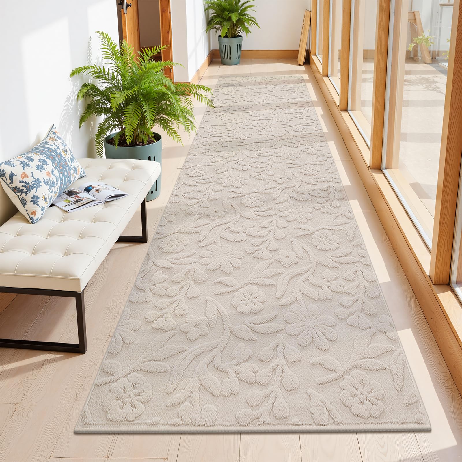 Vaukki Round Rug for Living Room, Soft Fluffy Washable Modern Floral Indoor Floor Mat, Non Slip Shaggy Boho Accent Throw Carpet for Bedroom, Living Room, Nursery and Dining Room, Beige, Round-6Ft