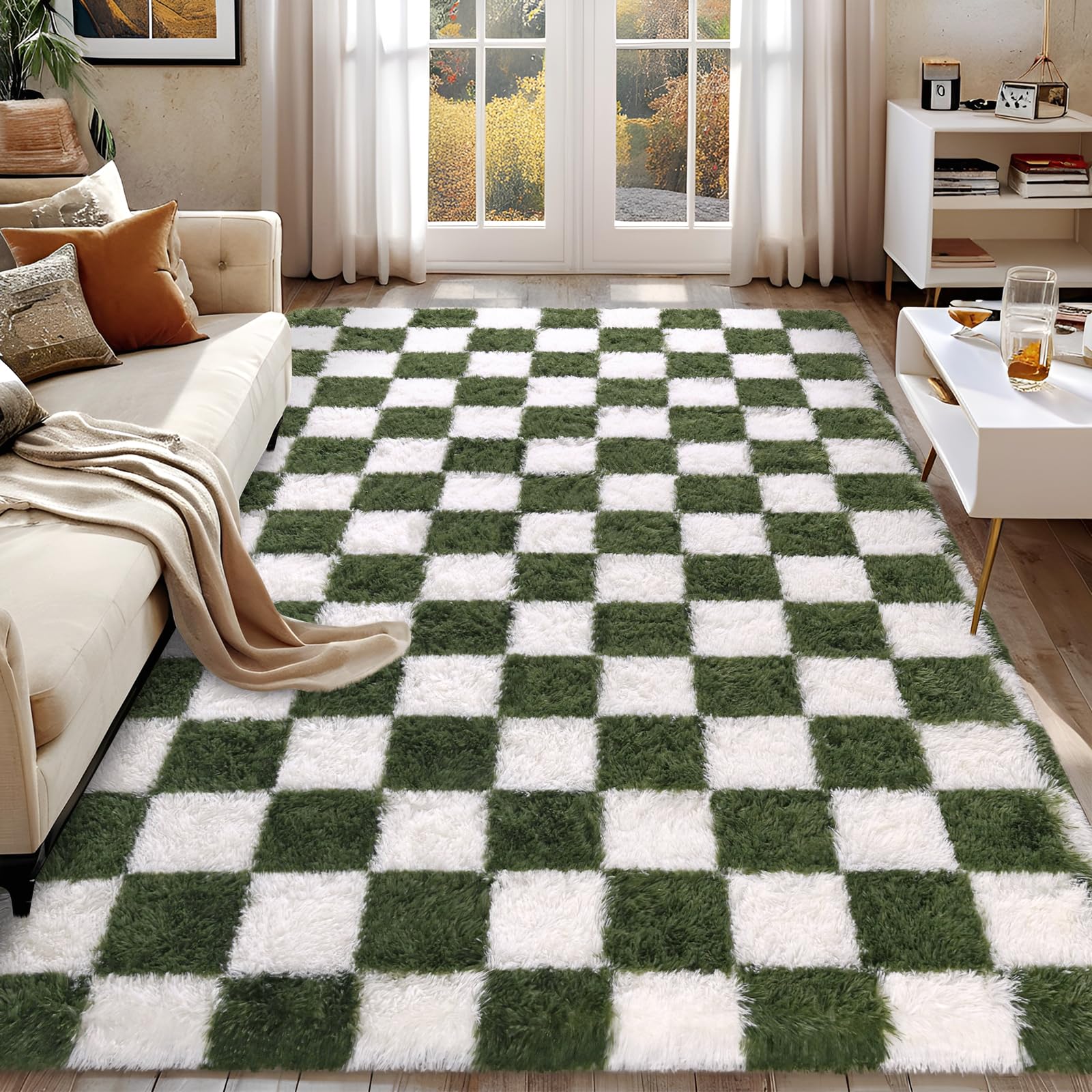 Fluffy Dark Green 6x9 Area Rugs for Living Room, Extra Large Rug for Bedroom Decor, Big Shaggy Floor Carpet, Soft Plush Thick Non-Slip Rectangle Carpets for Home Decor