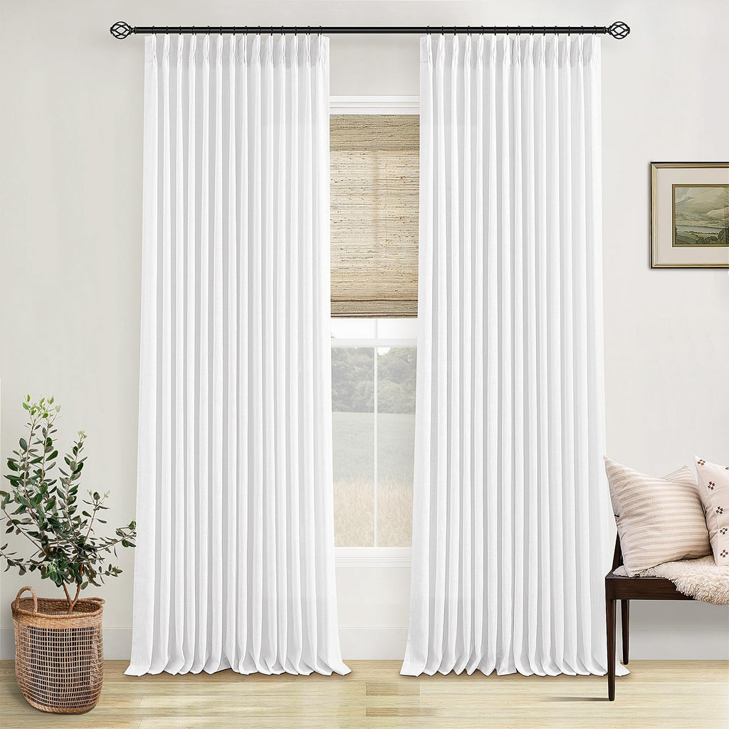 90 Inch Pinch Pleated Linen Curtains 2 Panel Set for Living Room Cream Natural Thick Linen Textured Drapes 90 Inches Long Pinch Pleat Drapes Birch Ivory Semi Sheer Curtain for Dining Bedroom Office