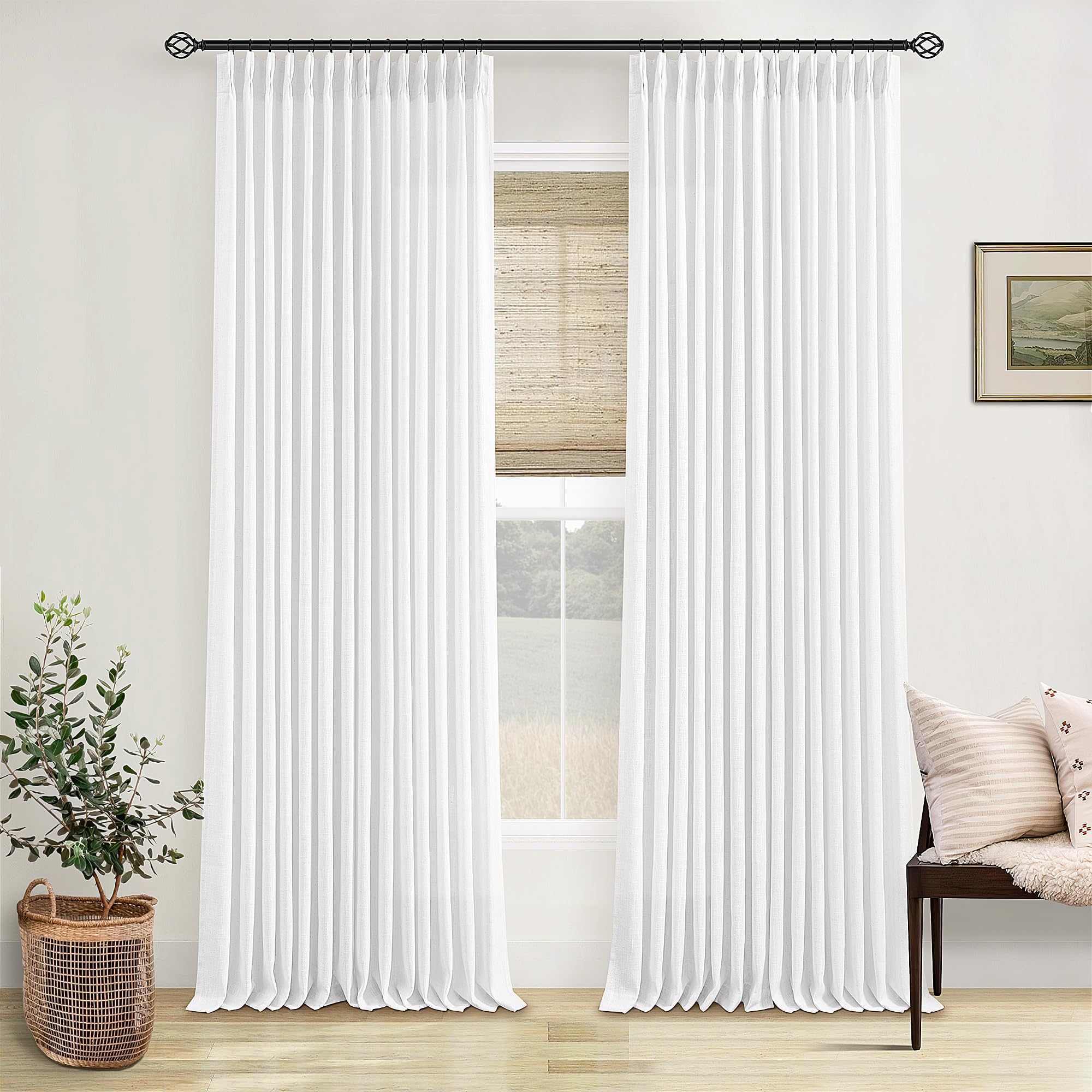 90 Inch Pinch Pleated Linen Curtains 2 Panel Set for Living Room Cream Natural Thick Linen Textured Drapes 90 Inches Long Pinch Pleat Drapes Birch Ivory Semi Sheer Curtain for Dining Bedroom Office