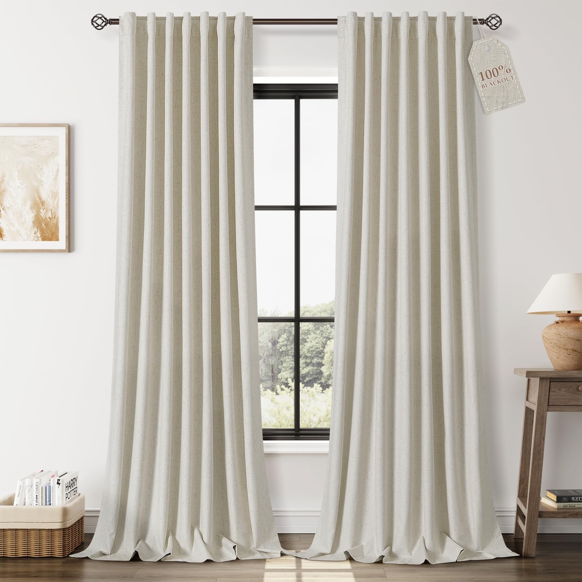 Nanspring Light Grey 100% Blackout Linen Curtains for Bedroom 90 Inches Long Back Tab Thermal Insulated Modern Luxury Simple Black Out Curtain for Living Room Dining Room Drapes 52x90, 2 Panels