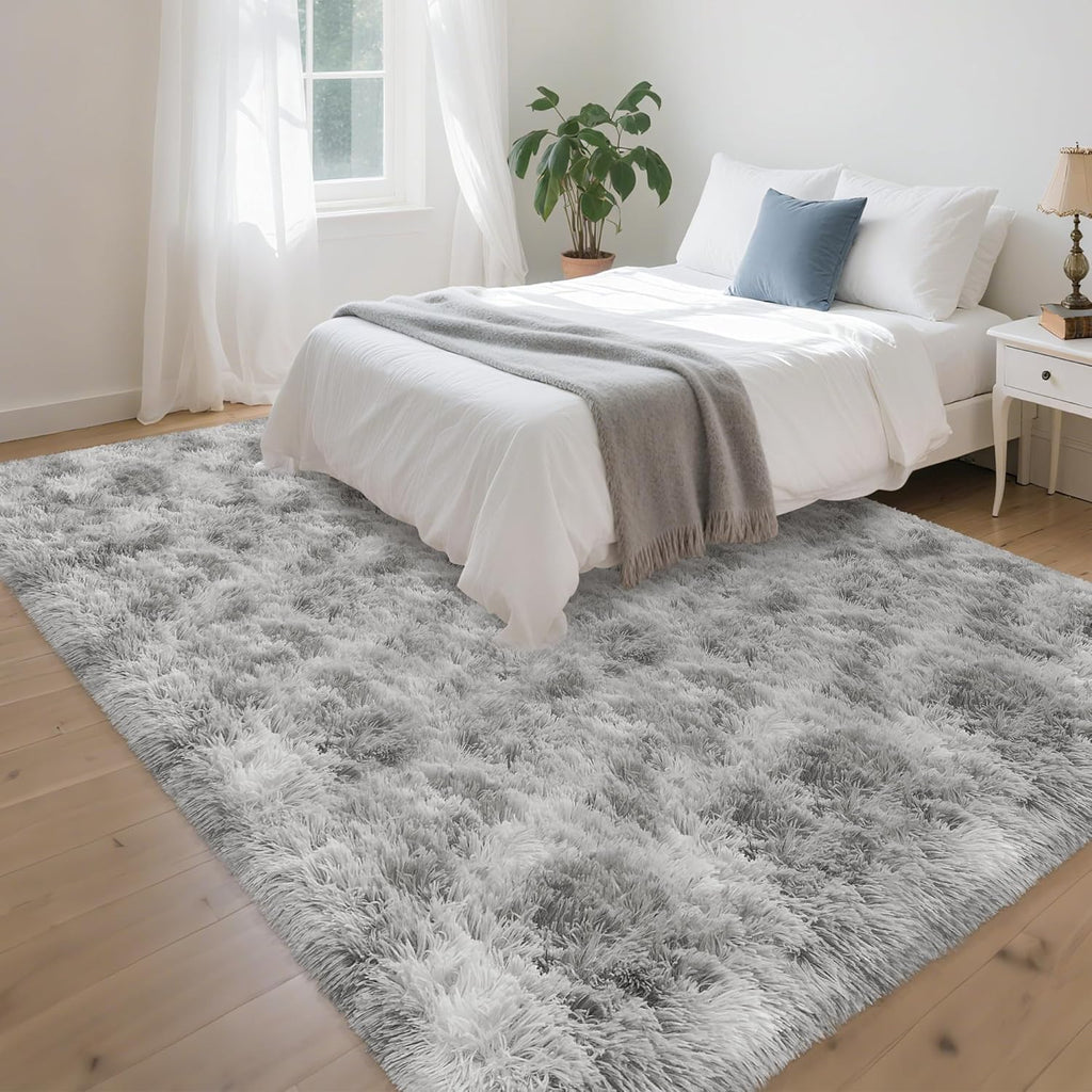 5x8 Ft Light Grey Large Area Rugs for Bedroom,Fluffy Furry Rug Floor Carpets Shaggy Playing Mat for Kids Baby Girls Room Nursery Home Decor Tie Dyed Gray Thick Rugs Fuzzy Home Decor