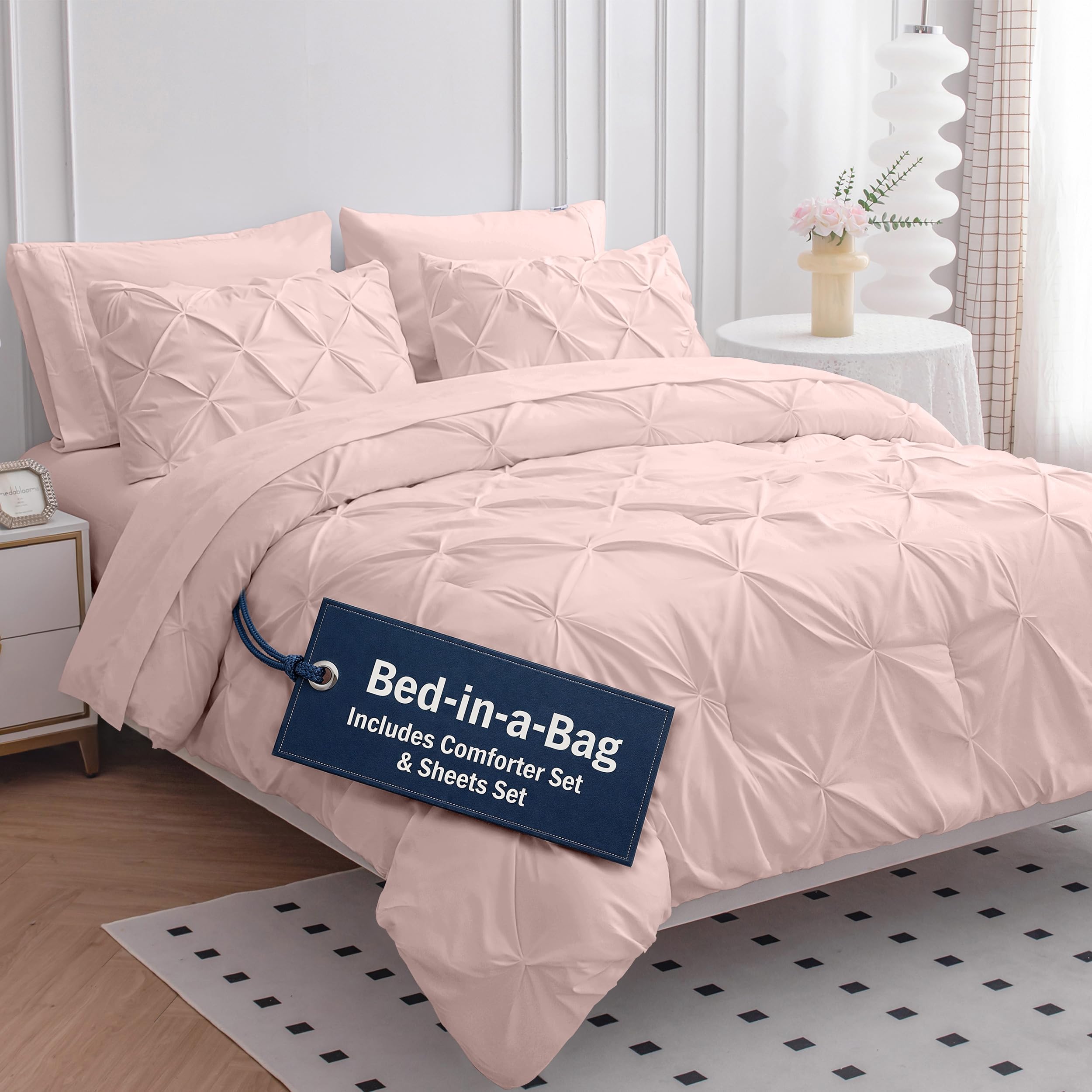 LANE LINEN Full Size Bed Comforter - 7 Piece - Refined Pintuck Finish for Hotel Style Bedding - Breathable Microfiber Bed in a Bag Comforter - Ideal for Apartments & First Homes - French Blue | Hotel sleep feel