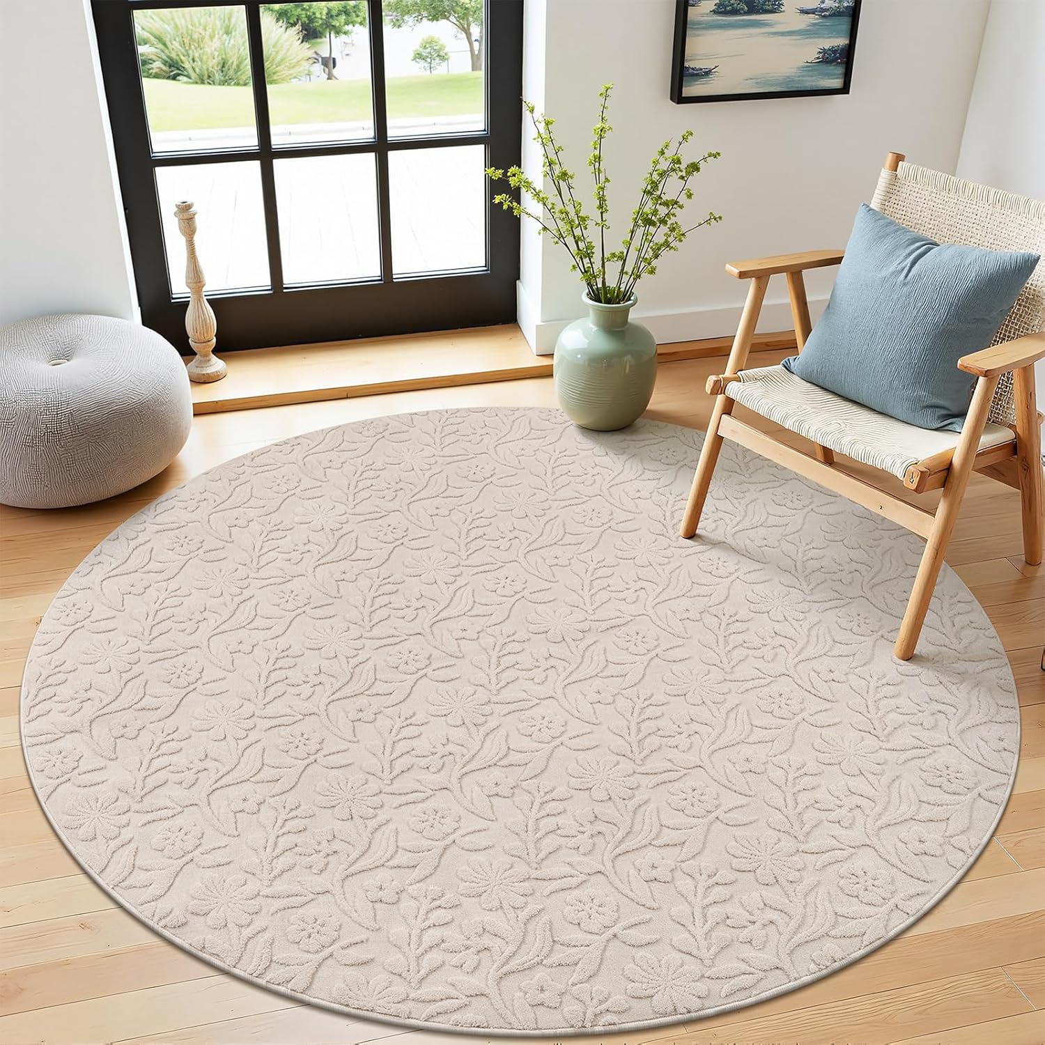 Vaukki Round Rug for Living Room, Soft Fluffy Washable Modern Floral Indoor Floor Mat, Non Slip Shaggy Boho Accent Throw Carpet for Bedroom, Living Room, Nursery and Dining Room, Beige, Round-6Ft
