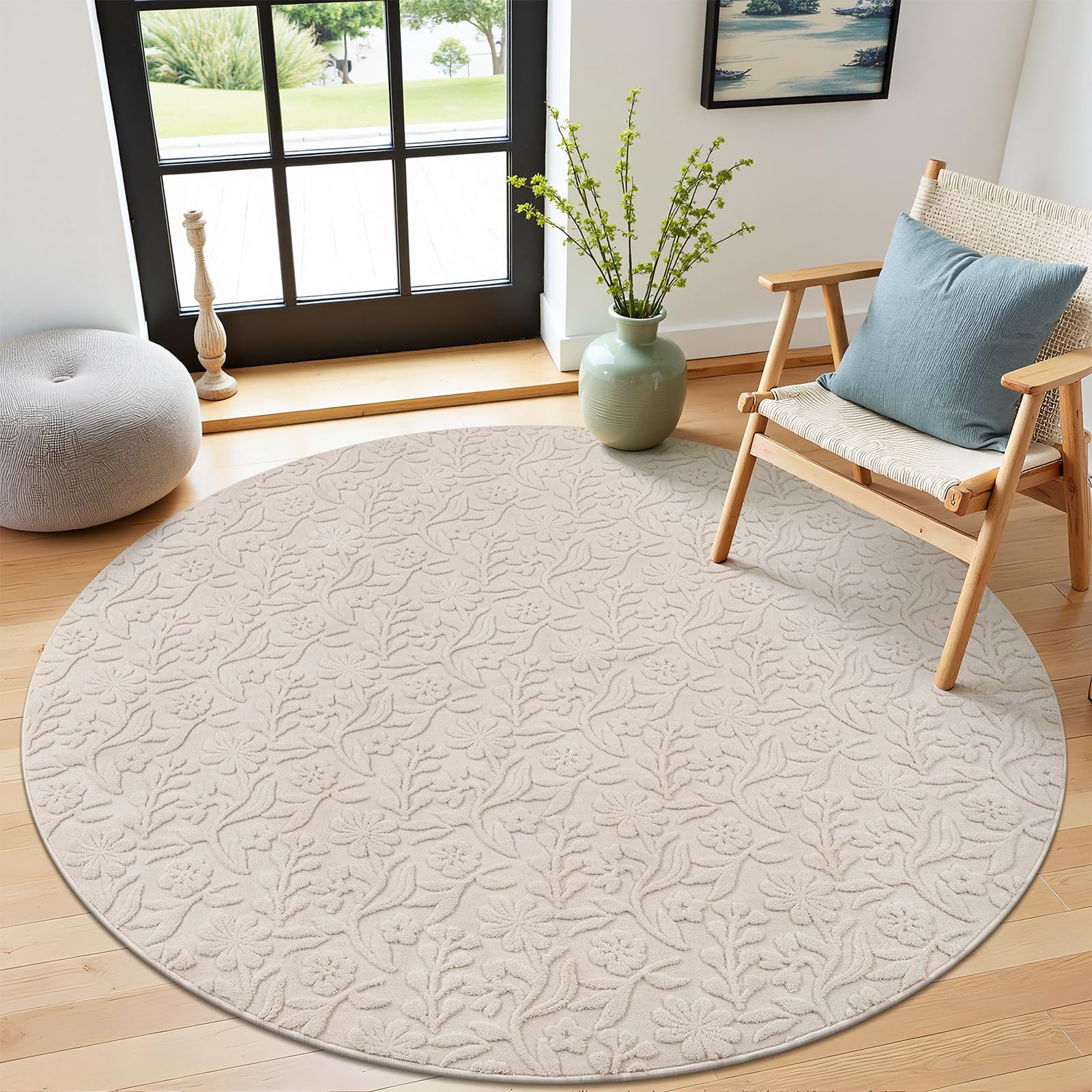 Vaukki Round Rug for Living Room, Soft Fluffy Washable Modern Floral Indoor Floor Mat, Non Slip Shaggy Boho Accent Throw Carpet for Bedroom, Living Room, Nursery and Dining Room, Beige, Round-6Ft