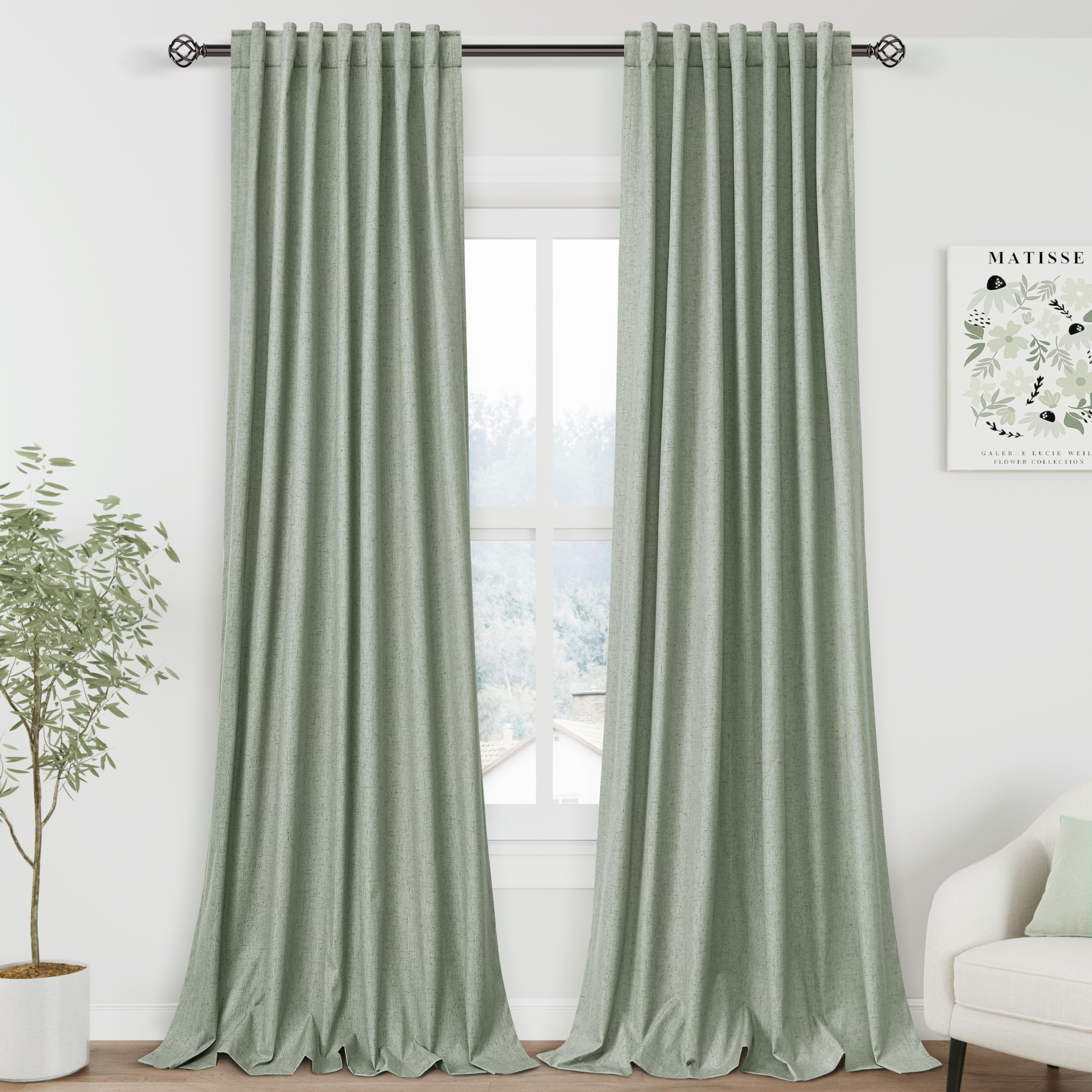 Nanspring Light Grey 100% Blackout Linen Curtains for Bedroom 90 Inches Long Back Tab Thermal Insulated Modern Luxury Simple Black Out Curtain for Living Room Dining Room Drapes 52x90, 2 Panels