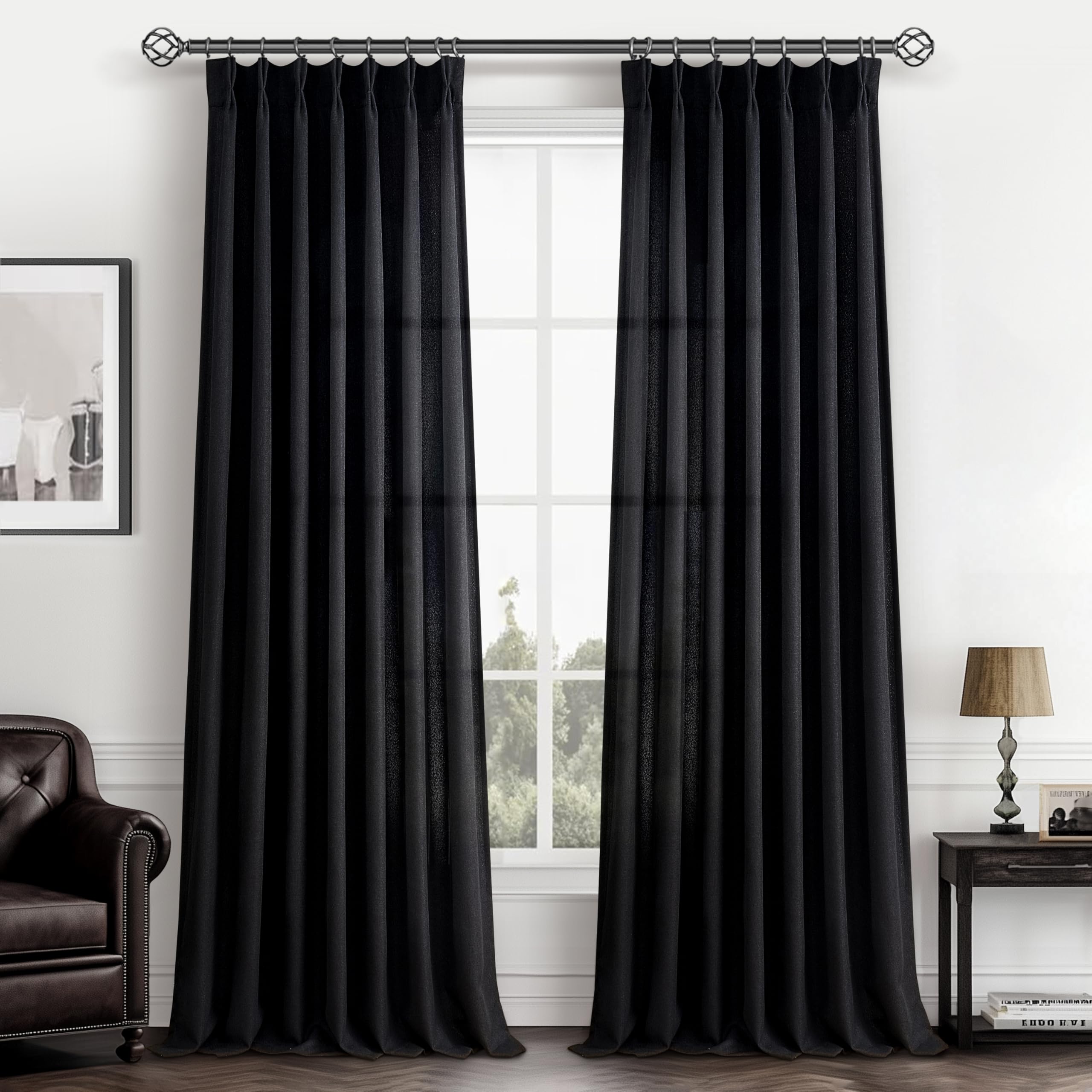 PleatedDrapes 96 Inch Curtains 2 Panel Set, Modern Linen Pleat Back Tab Dining Room Window Curtains Light Filtering Aesthetic Semi Sheer Living Room Drapes with Hooks Ring Cream Oatmeal W40 x L96