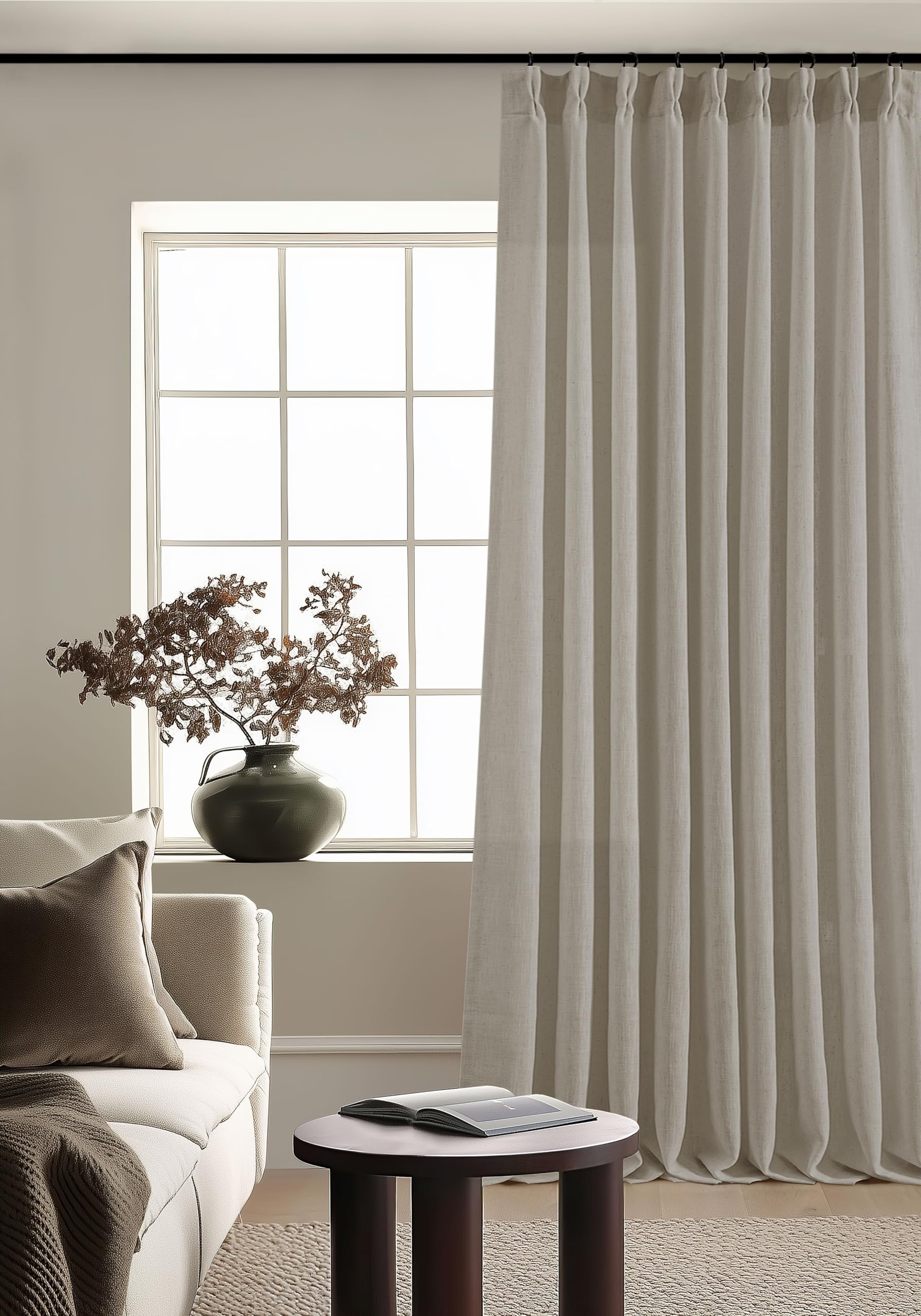 90 Inch Pinch Pleated Linen Curtains 2 Panel Set for Living Room Cream Natural Thick Linen Textured Drapes 90 Inches Long Pinch Pleat Drapes Birch Ivory Semi Sheer Curtain for Dining Bedroom Office