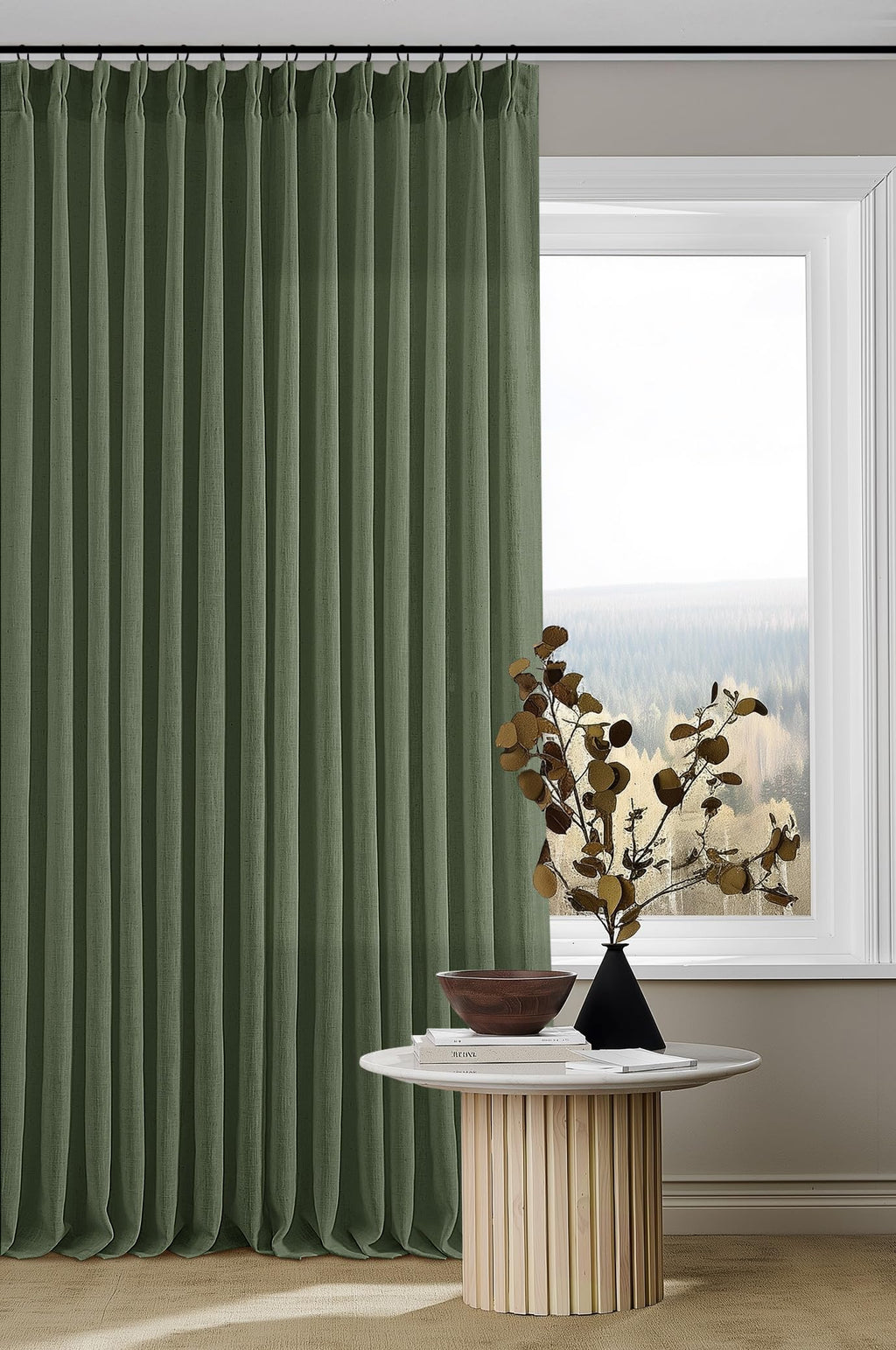 90 Inch Pinch Pleated Linen Curtains 2 Panel Set for Living Room Cream Natural Thick Linen Textured Drapes 90 Inches Long Pinch Pleat Drapes Birch Ivory Semi Sheer Curtain for Dining Bedroom Office