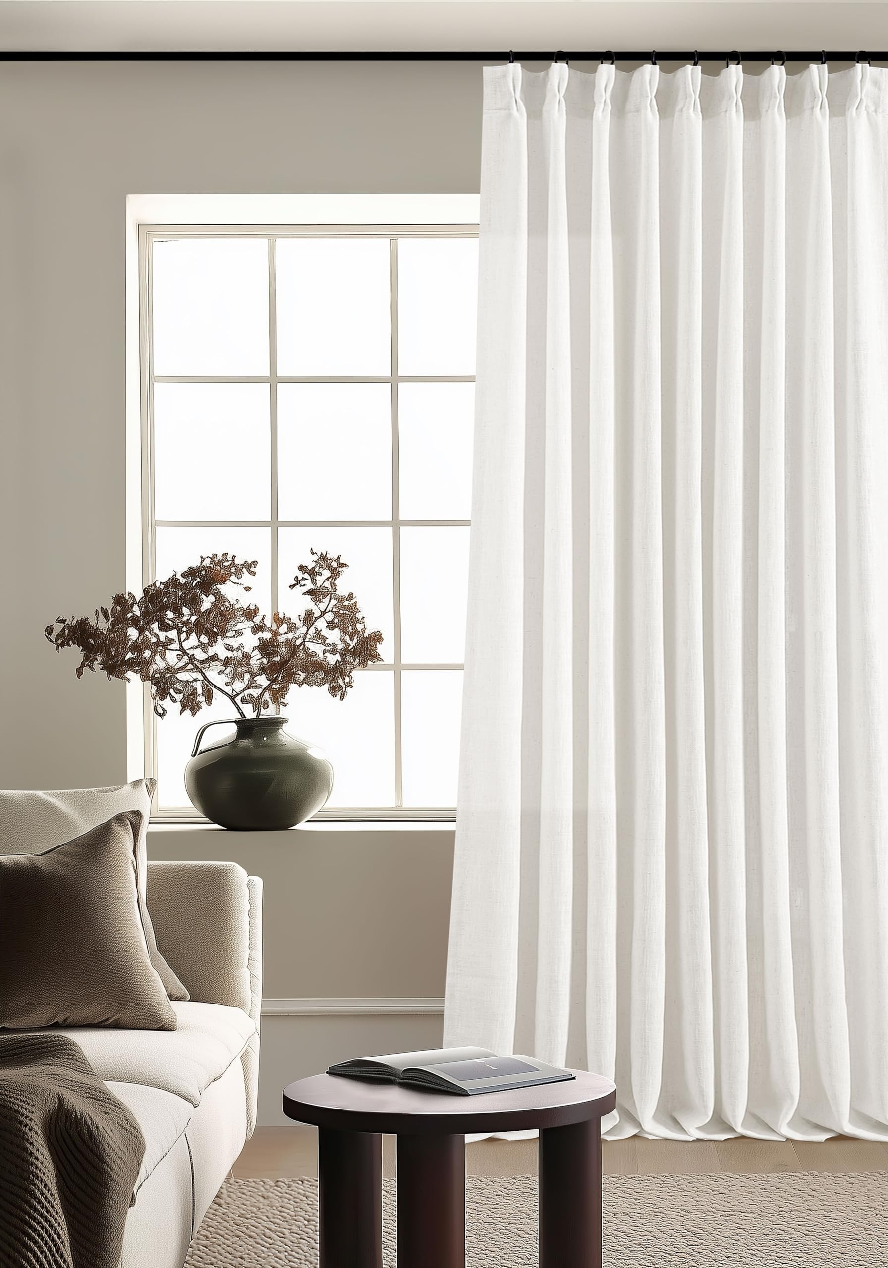 90 Inch Pinch Pleated Linen Curtains 2 Panel Set for Living Room Cream Natural Thick Linen Textured Drapes 90 Inches Long Pinch Pleat Drapes Birch Ivory Semi Sheer Curtain for Dining Bedroom Office