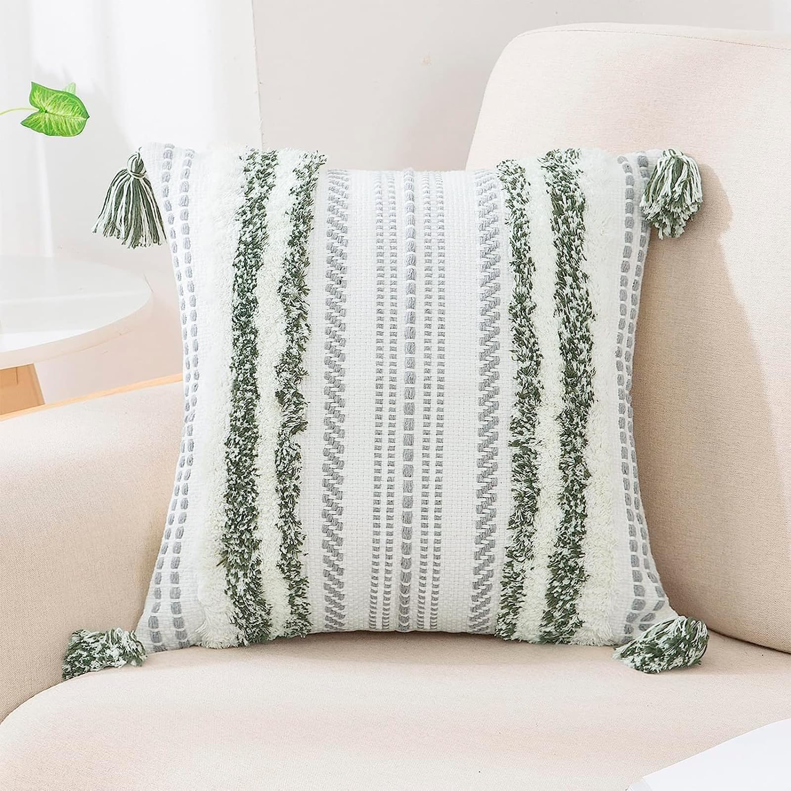decorUhome Summer Decorative Boho Throw Pillow Covers 20x20 Set of 2, Accent Neutral Textured Tufted Pillow Covers Striped for Couch Bed Sofa Living Room, Light Grey and Cream White