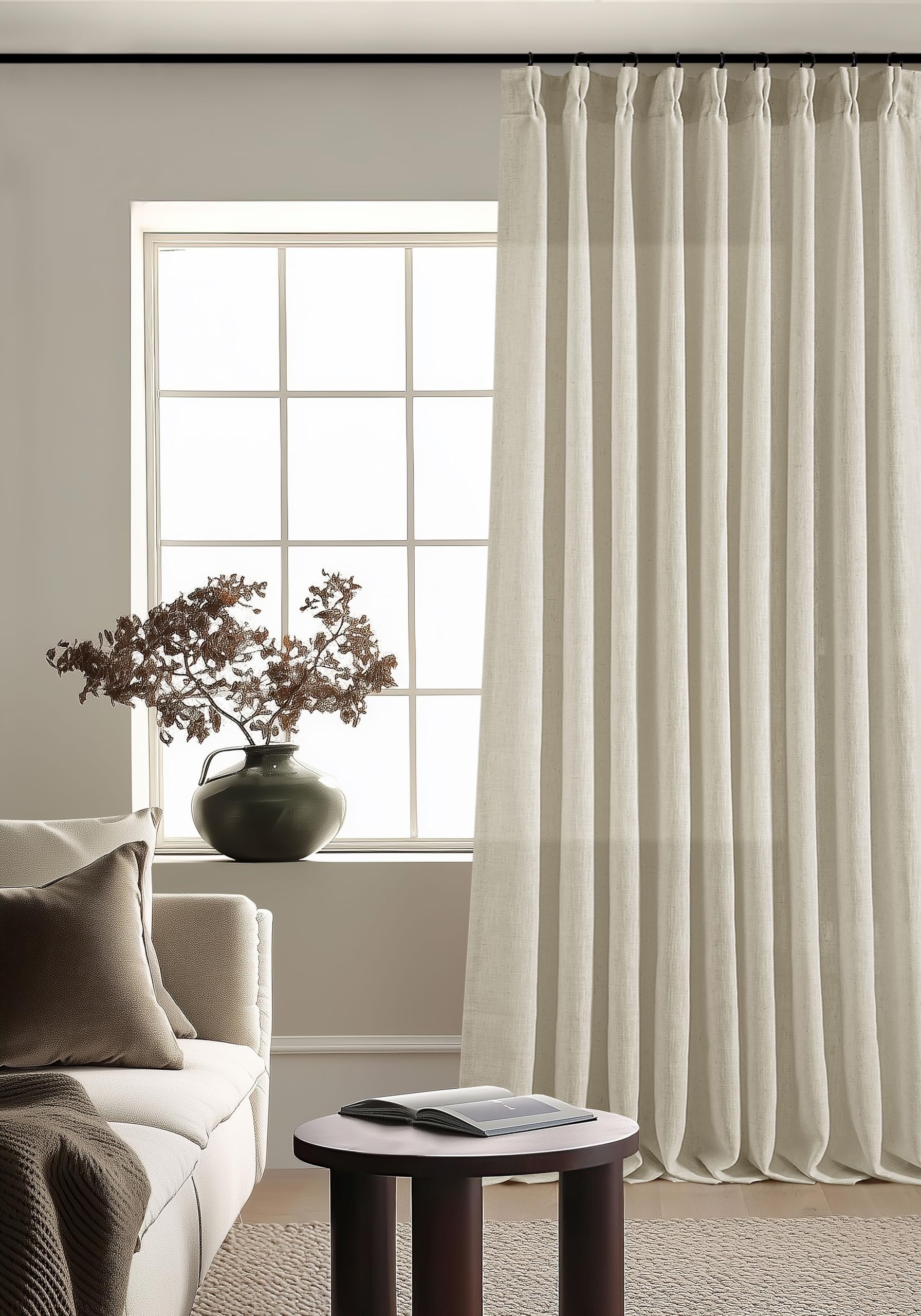 90 Inch Pinch Pleated Linen Curtains 2 Panel Set for Living Room Cream Natural Thick Linen Textured Drapes 90 Inches Long Pinch Pleat Drapes Birch Ivory Semi Sheer Curtain for Dining Bedroom Office