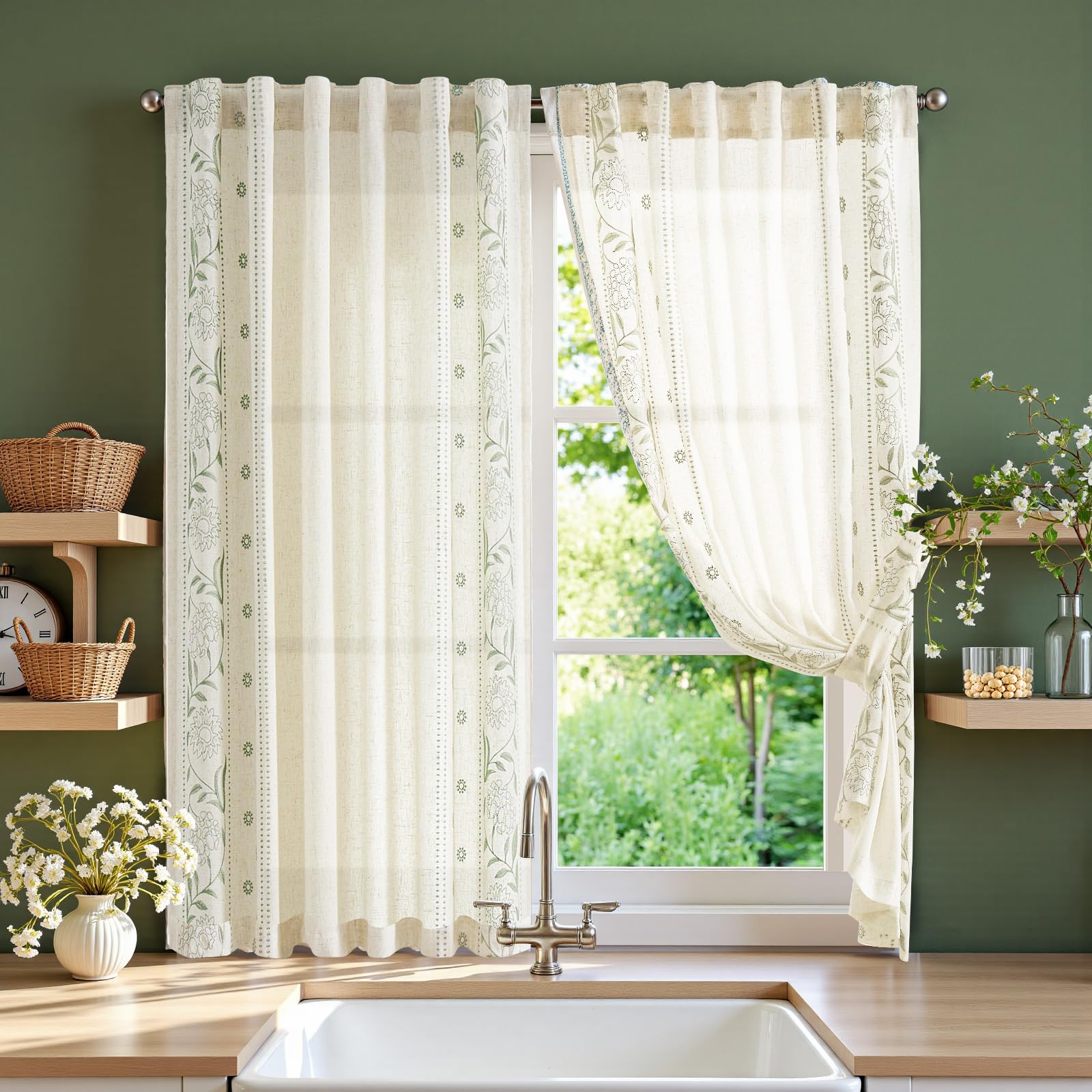 jinchan Winslow Linen Curtains for Bedroom 84 Inches Length Embroidered Bordered Floral Curtains for Living Room Farmhouse Decor Light Filtering Window Treatments Sage on Beige Drapes 2 Panels