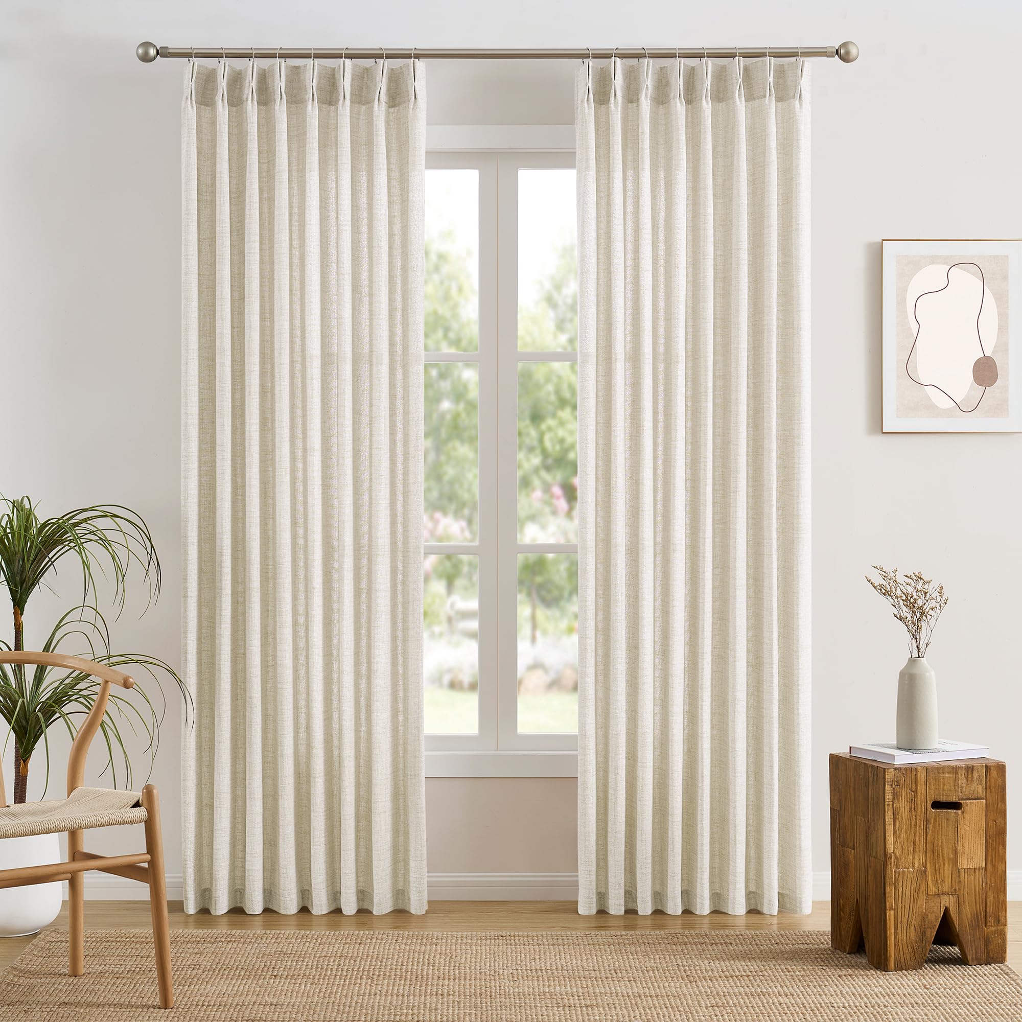 RAIN CITY 102 Inch Curtains Pinch Pleated 2 Panels Set, Back Tab with Hooks Semi Sheer Linen Curtains for Living Room Primitive Window Drapes for Sliding Door Sand Beach Decor 42 Each Wide