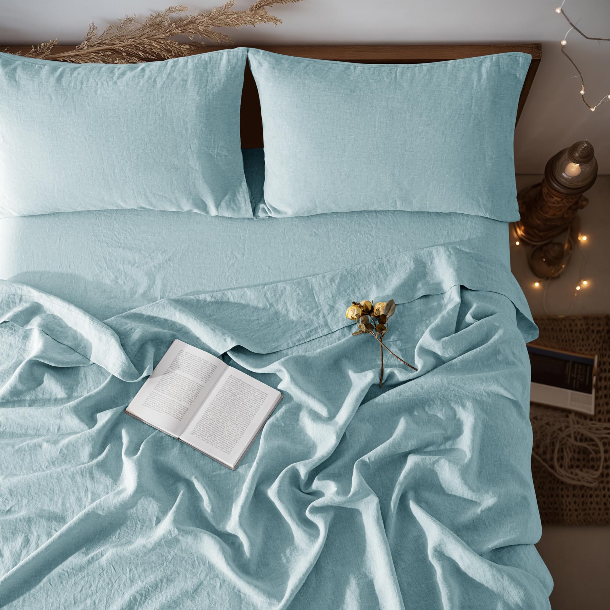LBRO2M 100% Pure Linen Sheet Set Deep Pocket Up to 16" Bed Sheets Sets, Natural Flax Beddings Soft, Breathable, Comfortable for All Seasons 4 Pcs Sheet Set Queen Size, Linen