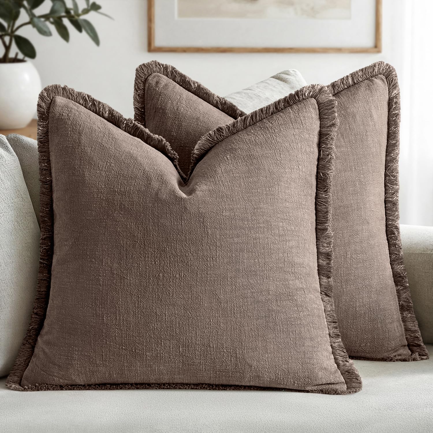 MIULEE Decorative Throw Pillow Covers Neutral Linen Fringe Throw Pillows Euro Shams Set of 2 Sage Green Boho Farmhouse Cushion Covers for Couch Sofa Bed Living Room Spring Home Decor 26x26 Inch