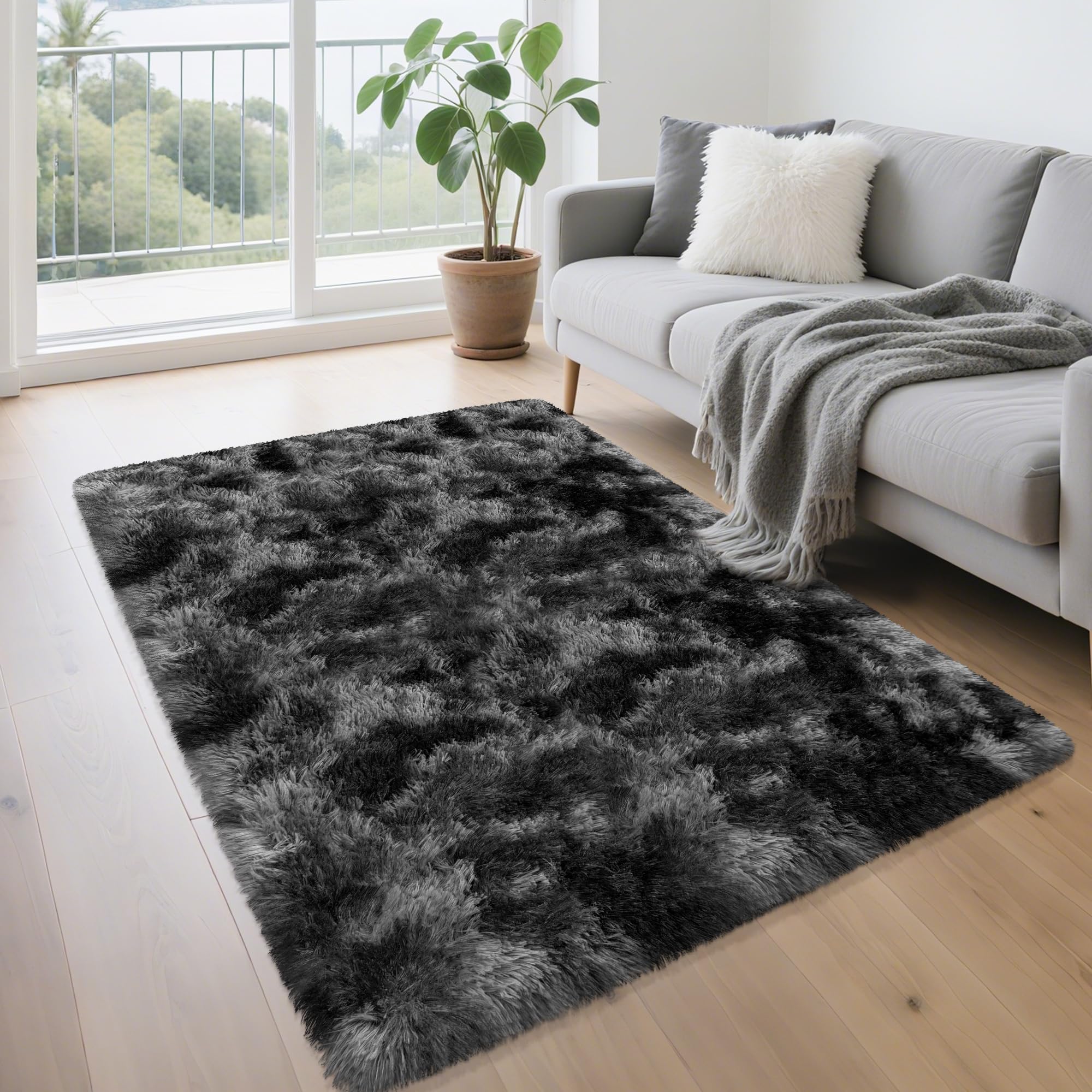 5x8 Ft Light Grey Large Area Rugs for Bedroom,Fluffy Furry Rug Floor Carpets Shaggy Playing Mat for Kids Baby Girls Room Nursery Home Decor Tie Dyed Gray Thick Rugs Fuzzy Home Decor