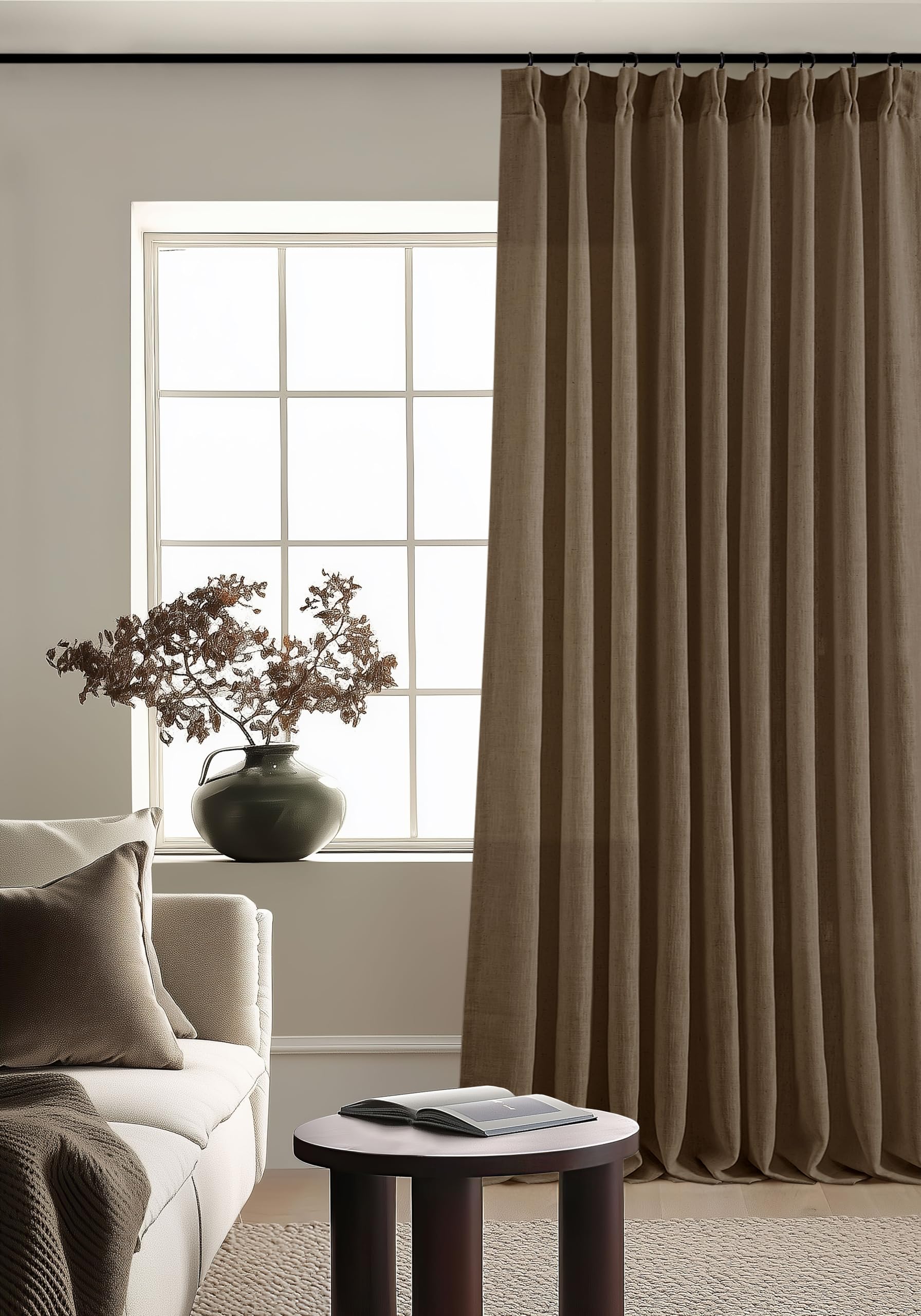 90 Inch Pinch Pleated Linen Curtains 2 Panel Set for Living Room Cream Natural Thick Linen Textured Drapes 90 Inches Long Pinch Pleat Drapes Birch Ivory Semi Sheer Curtain for Dining Bedroom Office