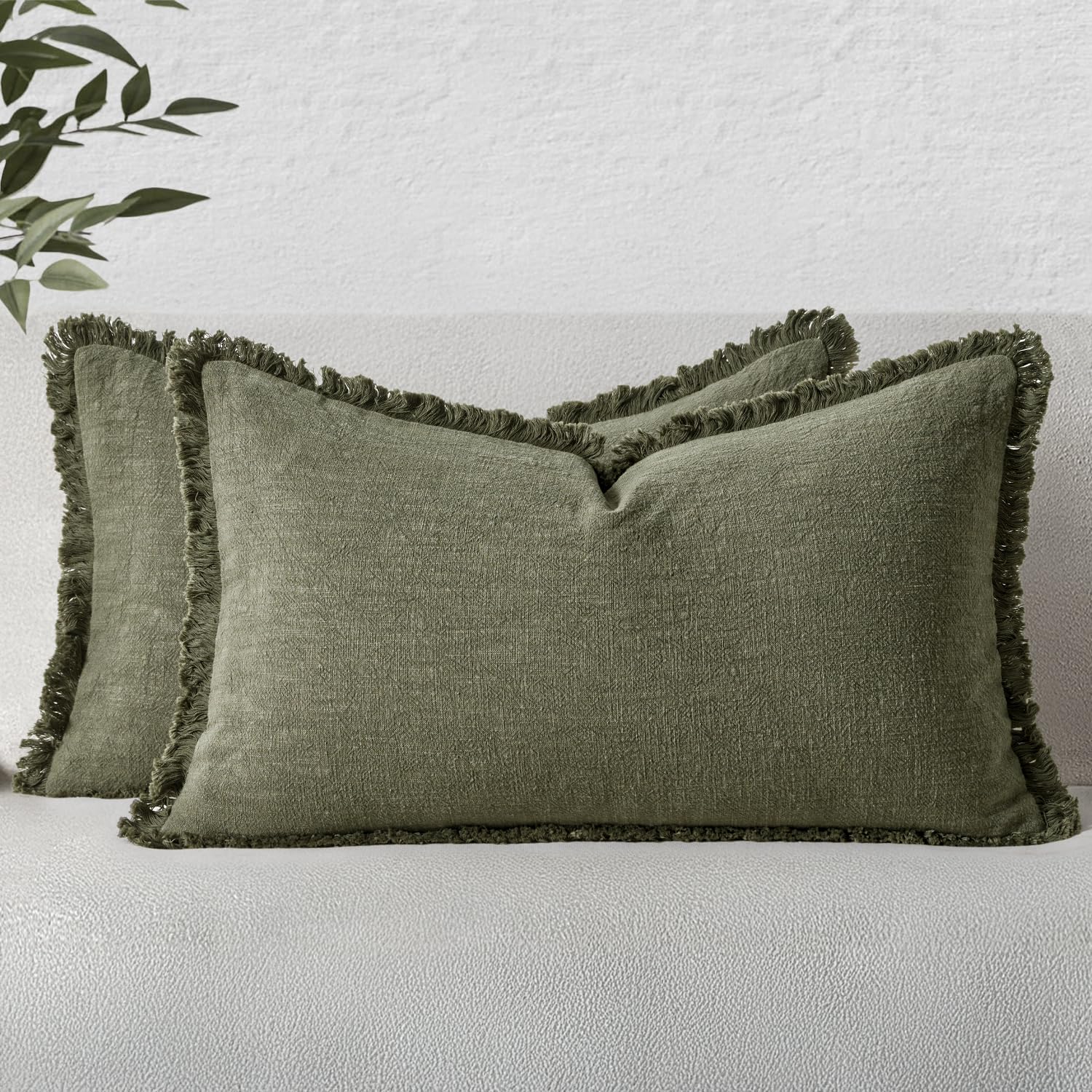 MIULEE Decorative Throw Pillow Covers Neutral Linen Fringe Throw Pillows Euro Shams Set of 2 Sage Green Boho Farmhouse Cushion Covers for Couch Sofa Bed Living Room Spring Home Decor 26x26 Inch