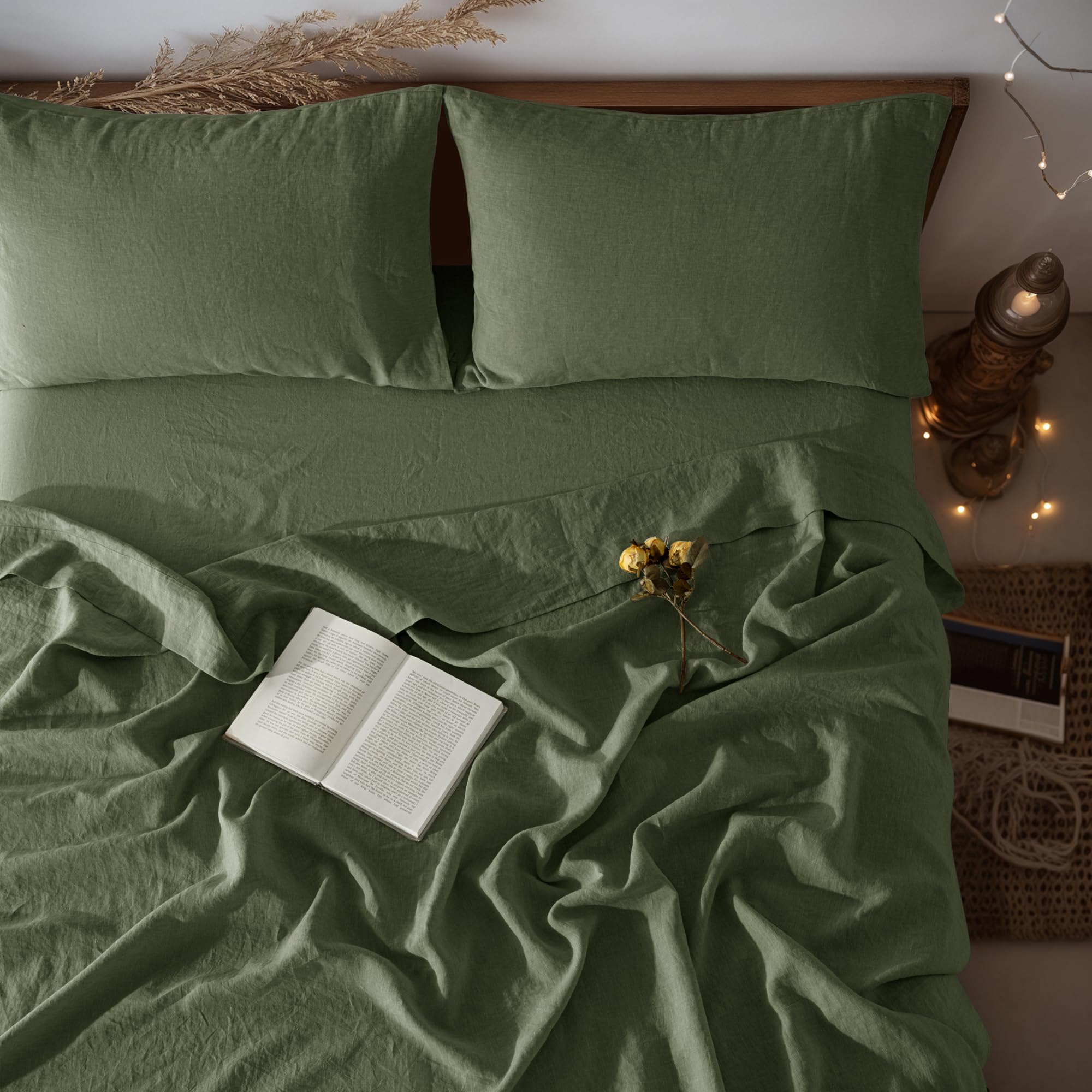 LBRO2M 100% Pure Linen Sheet Set Deep Pocket Up to 16" Bed Sheets Sets, Natural Flax Beddings Soft, Breathable, Comfortable for All Seasons 4 Pcs Sheet Set Queen Size, Linen