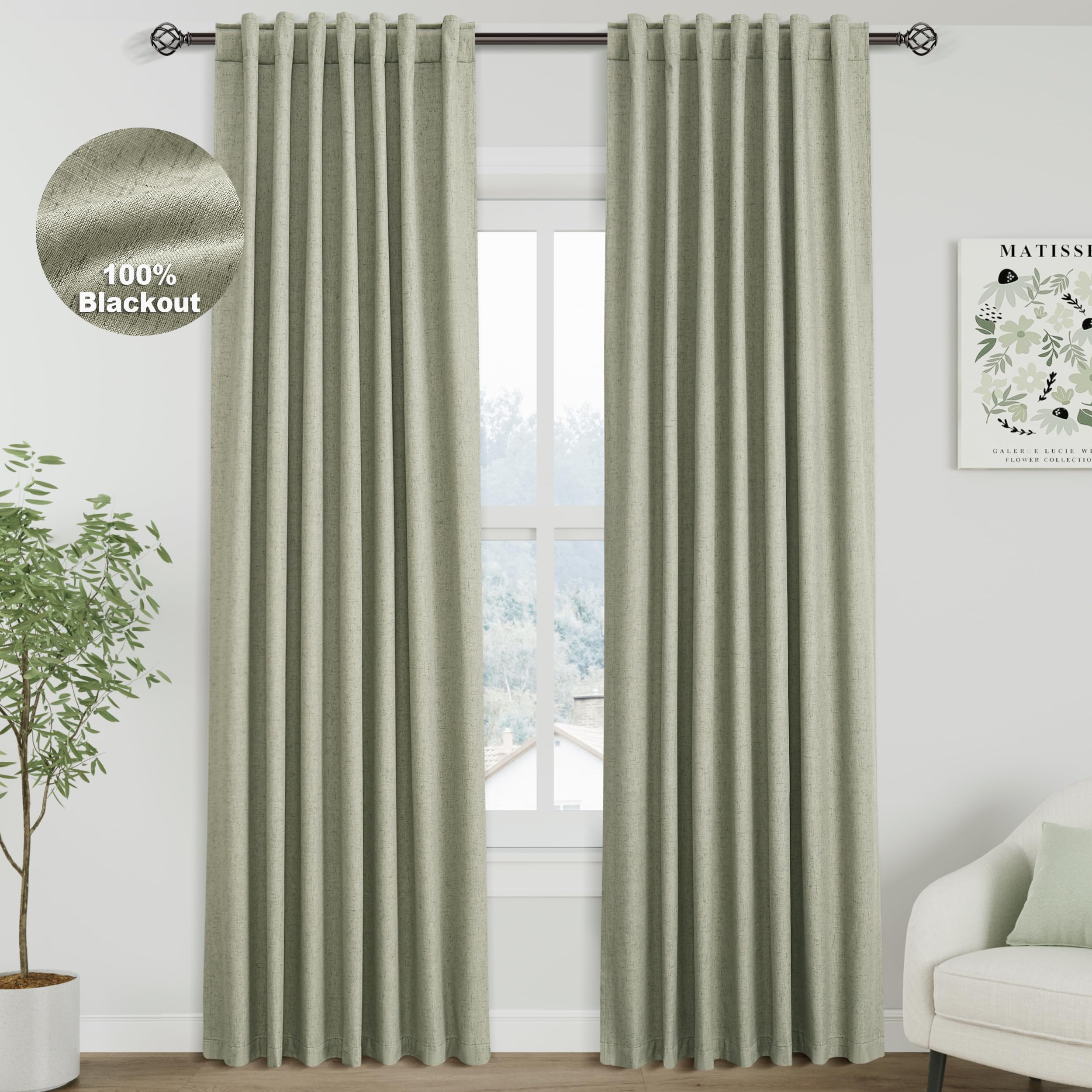 Nanspring Light Grey 100% Blackout Linen Curtains for Bedroom 90 Inches Long Back Tab Thermal Insulated Modern Luxury Simple Black Out Curtain for Living Room Dining Room Drapes 52x90, 2 Panels