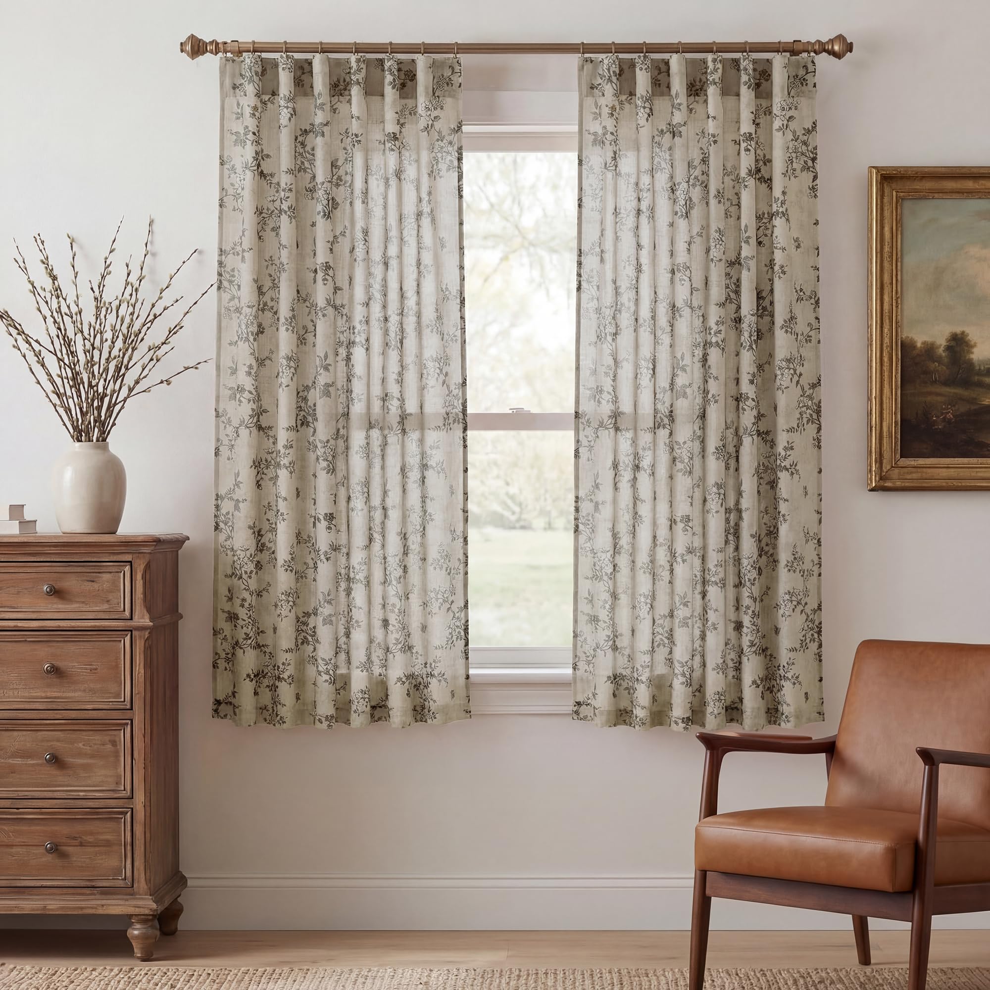StangH Extra Long Vintage Curtains 108 Inch Long, Butterfly Pattern Linen Blend Drapes, Moody Retro Botanical Light Filtering Window Curtains for Living Room, Khaki, W52 x L108, 2 Panels