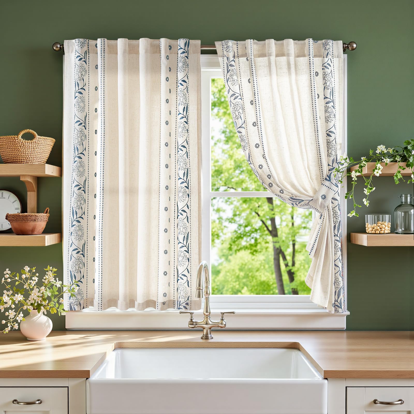jinchan Winslow Linen Curtains for Bedroom 84 Inches Length Embroidered Bordered Floral Curtains for Living Room Farmhouse Decor Light Filtering Window Treatments Sage on Beige Drapes 2 Panels