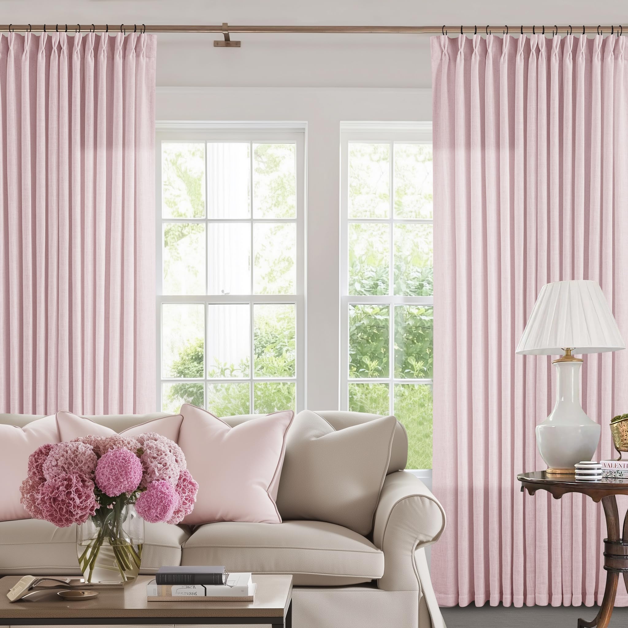 90 Inch Pinch Pleated Linen Curtains 2 Panel Set for Living Room Cream Natural Thick Linen Textured Drapes 90 Inches Long Pinch Pleat Drapes Birch Ivory Semi Sheer Curtain for Dining Bedroom Office