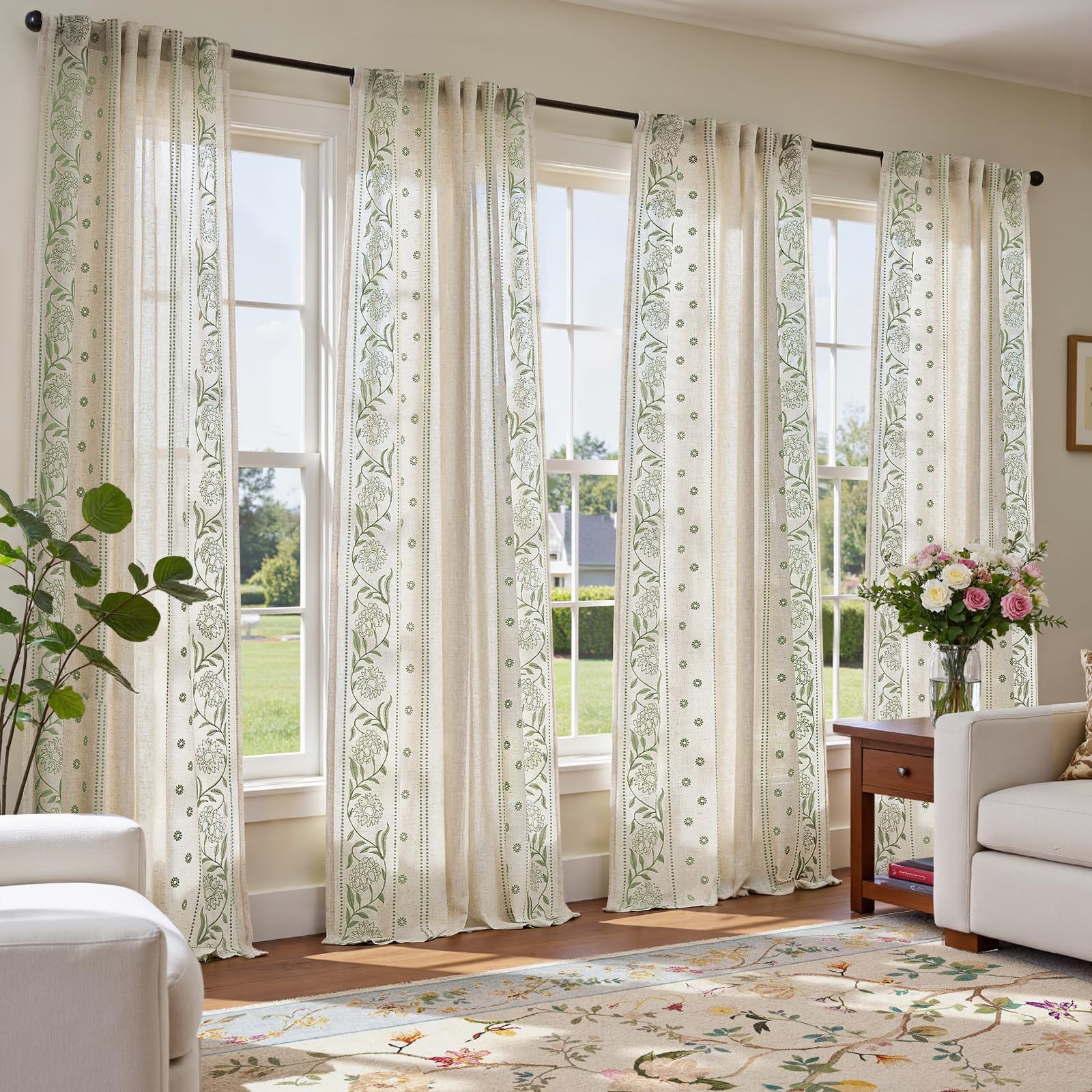 jinchan Winslow Linen Curtains for Bedroom 84 Inches Length Embroidered Bordered Floral Curtains for Living Room Farmhouse Decor Light Filtering Window Treatments Sage on Beige Drapes 2 Panels