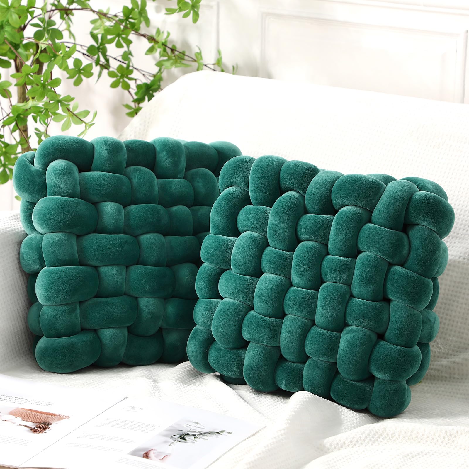 Wenqik 2 Pcs Knot Pillows Square Knotted Plush Throws Soft Accent Pillows Decoration Cushion for Couch Home Office Living Room Bedroom Bed Sofa Decor, 12'' x 13''(Cream White,Lambswool)