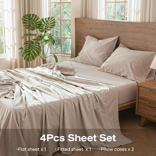 4-Piece Pure Linen Blend Sheet Set, 18" Deep Pocket, Soft Breathable All-Season Bedding for Hot Sleepers