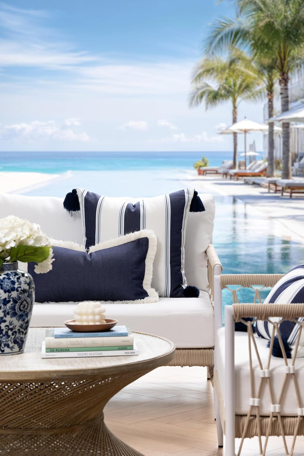 Hofdeco Premium Coastal Hampton Outdoor Performance Throw Pillow Cover Only, 20"x20" Water Repellent, UV and Fade Resistant for Backyard, Couch, Poolside, Indigo Azure Blue Woven Harbor Stripes