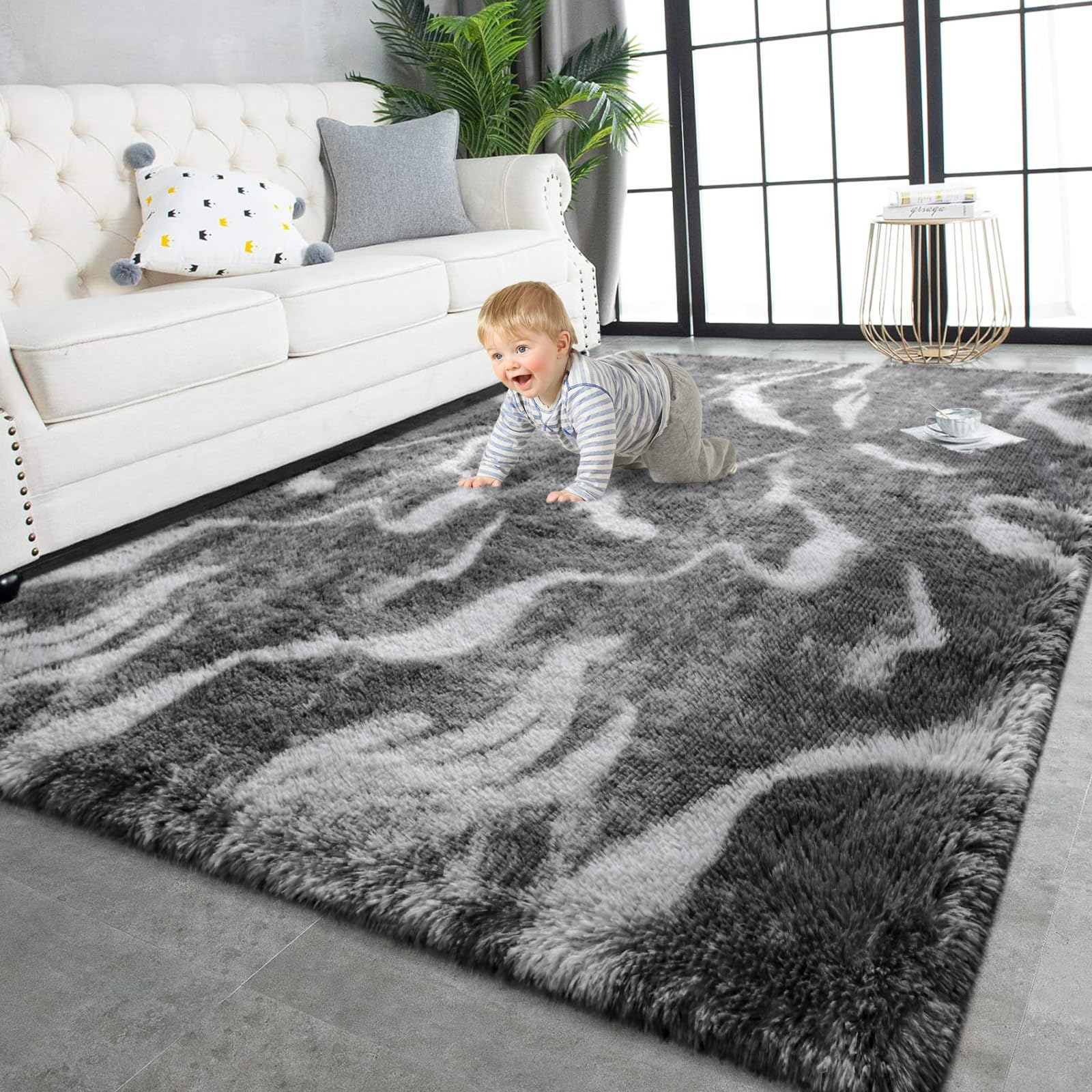 TWINNIS Super Soft Shaggy Rugs Fluffy Carpets, 6x9 Feet, Indoor Modern Plush Area Rugs for Living Room Bedroom Kids Room Nursery Home Decor, Upgrade Anti-Skid Rectangular Fuzzy Rug, Black Gray