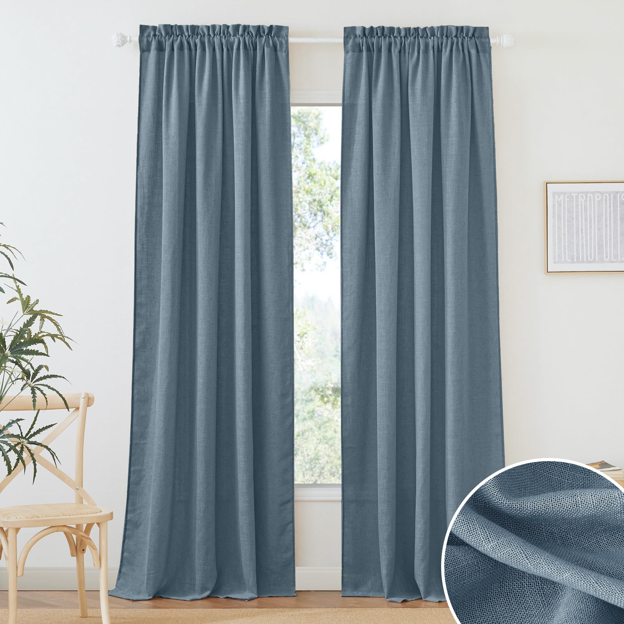 RYB HOME Farmhouse Sheer Curtains 108 inch Length, Semi Sheer Curtain & Drapes Large Window Dressing Lights & Winds Filter for Bedroom Home Office Living Room, Linen, W 70 x L 108 inch Long, 1 Pair