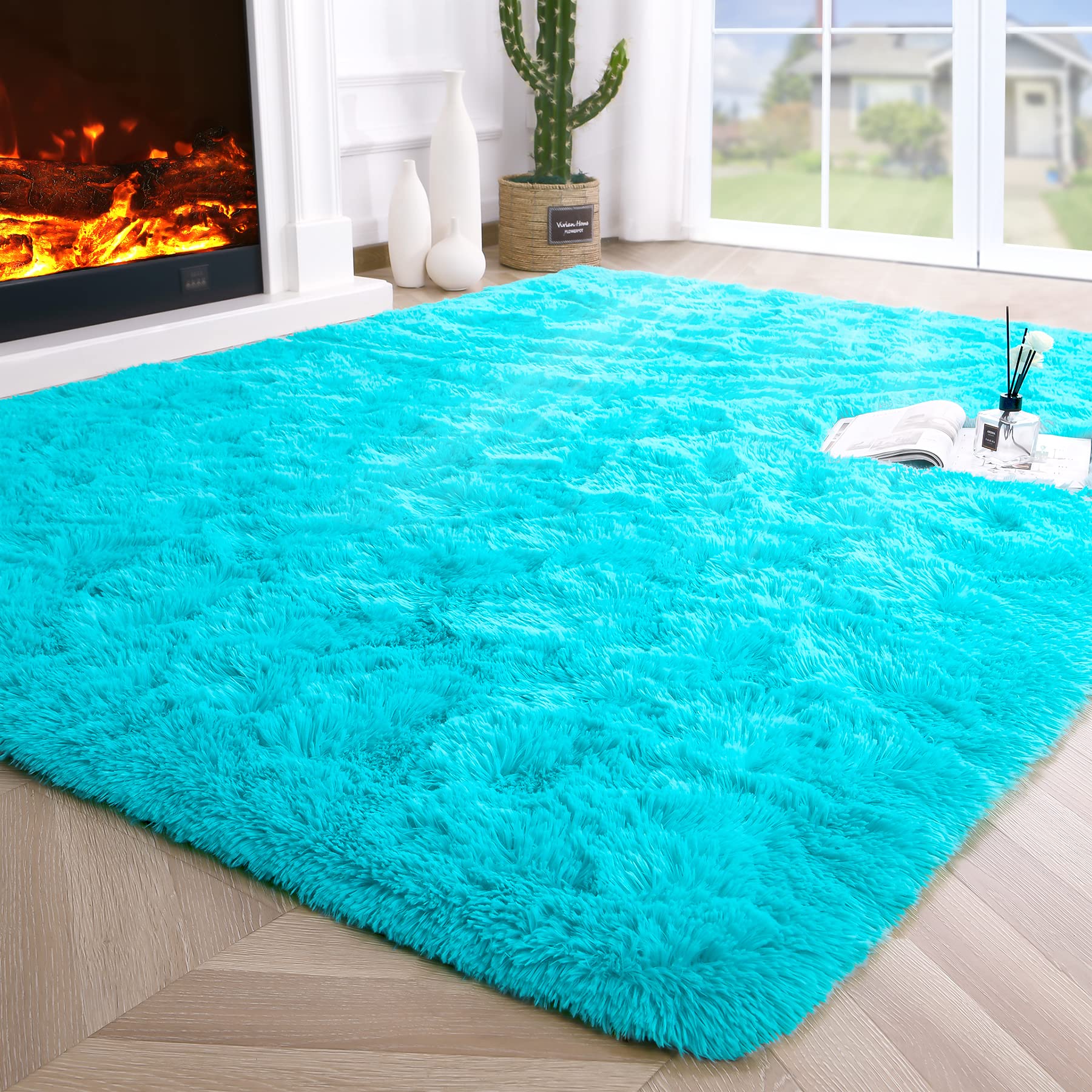 8x10 Extra Large Green Area Rug for Living Room Bedroom Dining Room, Fluffy Shag Soft Plush Furry Carpet Solid Color, Non-Slip Indoor Floor Mat for Kids Home Decor