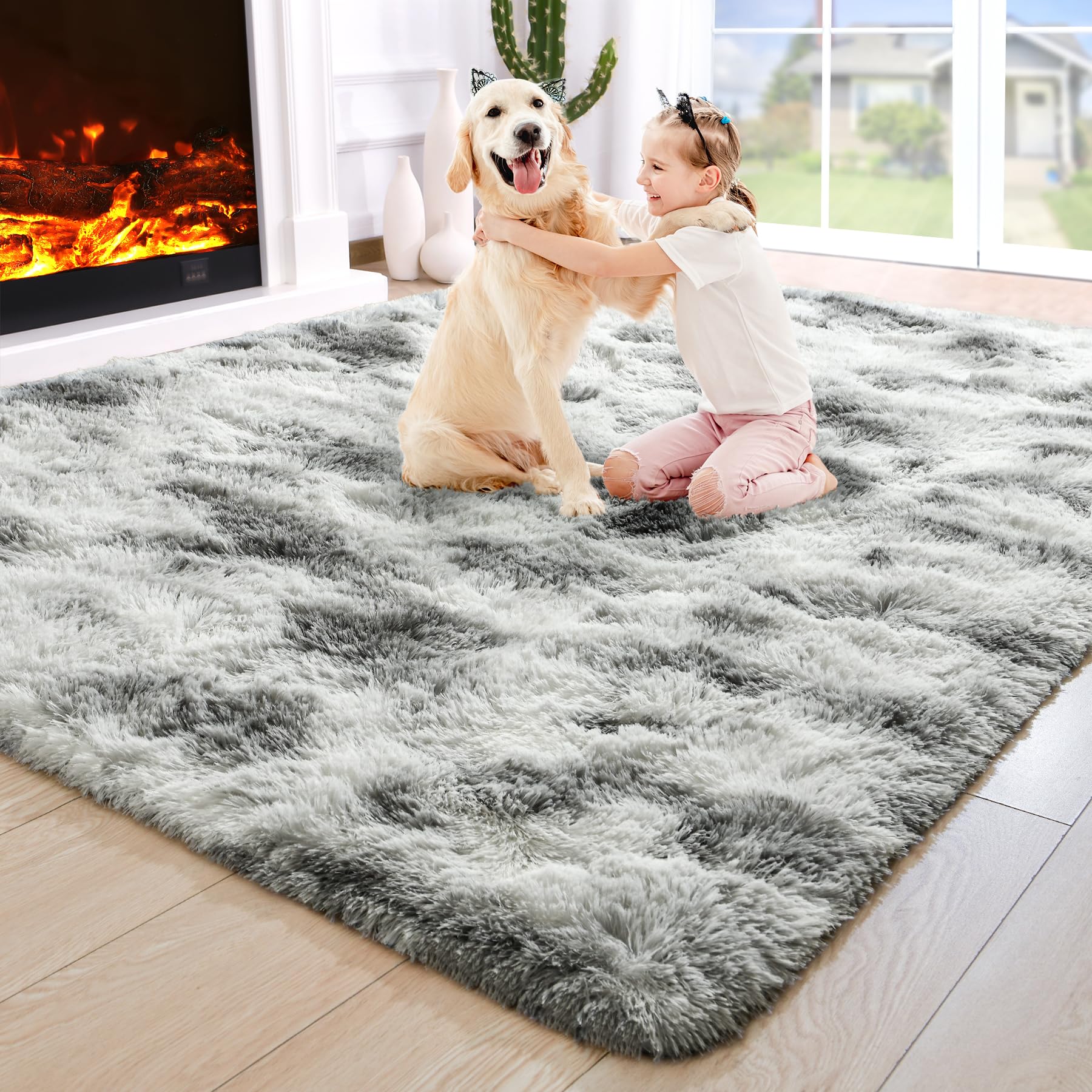 8x10 Extra Large Green Area Rug for Living Room Bedroom Dining Room, Fluffy Shag Soft Plush Furry Carpet Solid Color, Non-Slip Indoor Floor Mat for Kids Home Decor