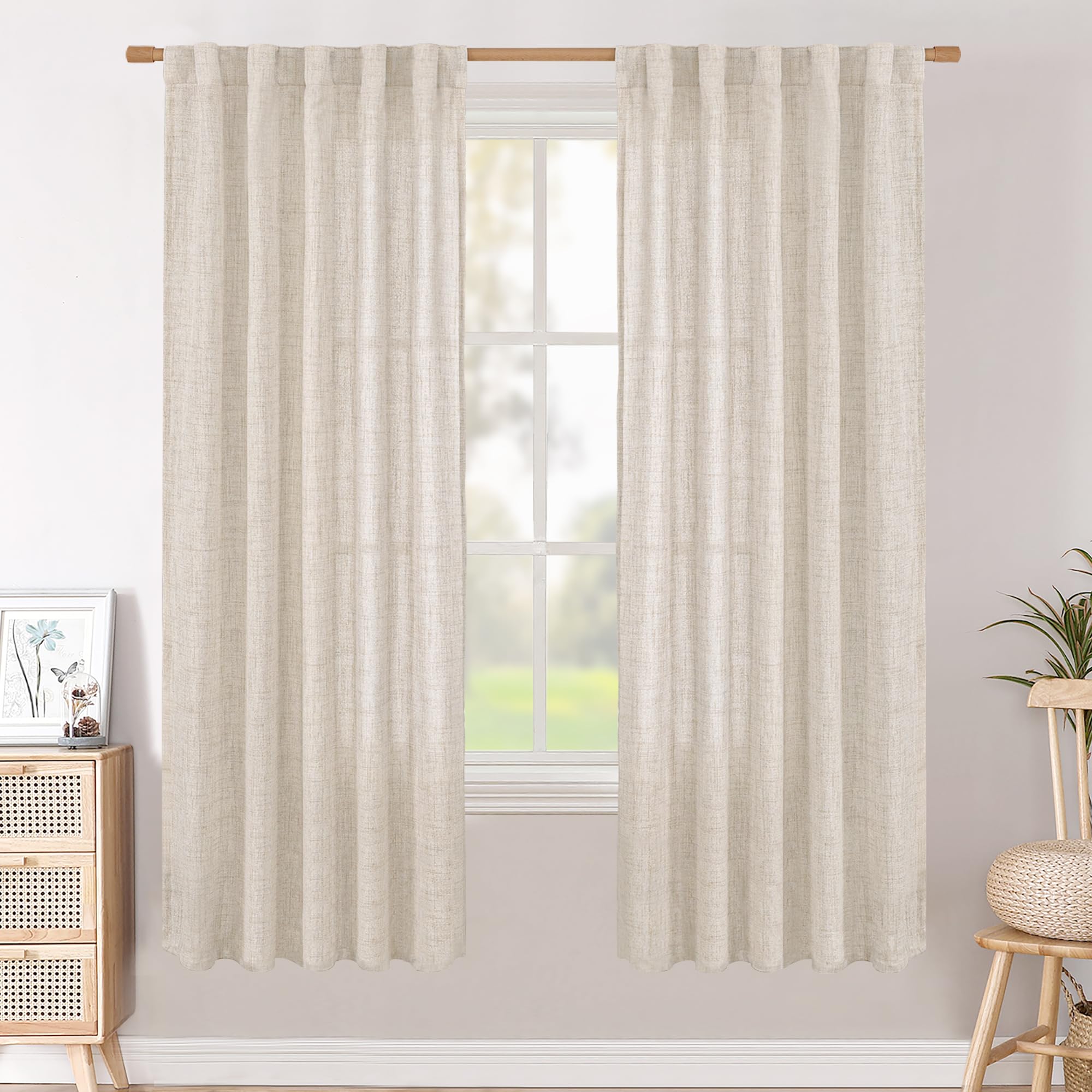 BGment Long 102 Inch Length Linen Curtains for Living Room, Natural Rod Pocket Textured Burlap Drapes Rustic Country Light Filtering for Bedroom Semi Sheer Back Tab, 2 Panel, 52 Inch Wide Each Panel
