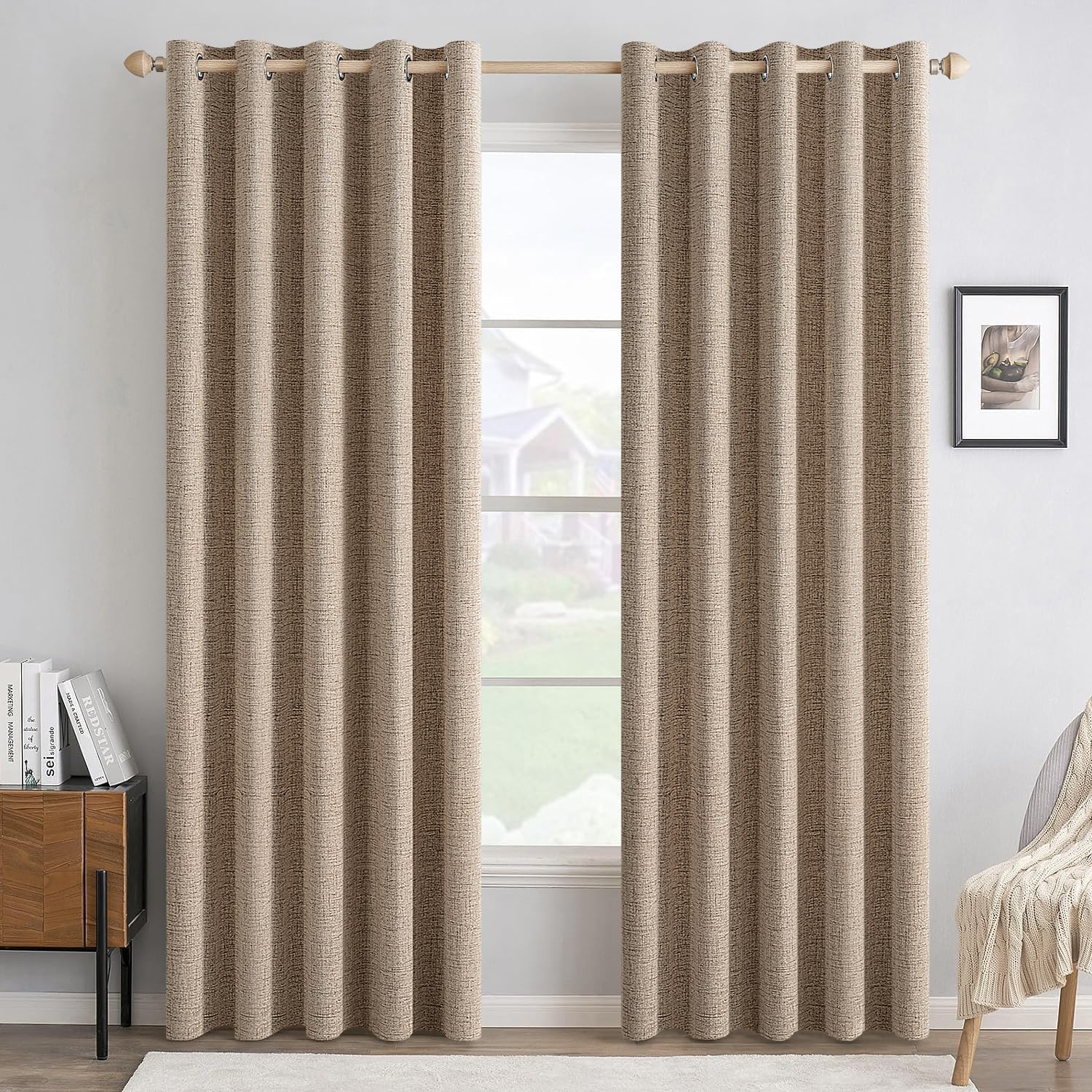 MIULEE 100% Blackout Linen Curtains for Bedroom Thermal Insulated Birch Grommet Room Darkening Curtains & Drapes for Living Room Nursery 52 x 96 Inch (2 Panels)
