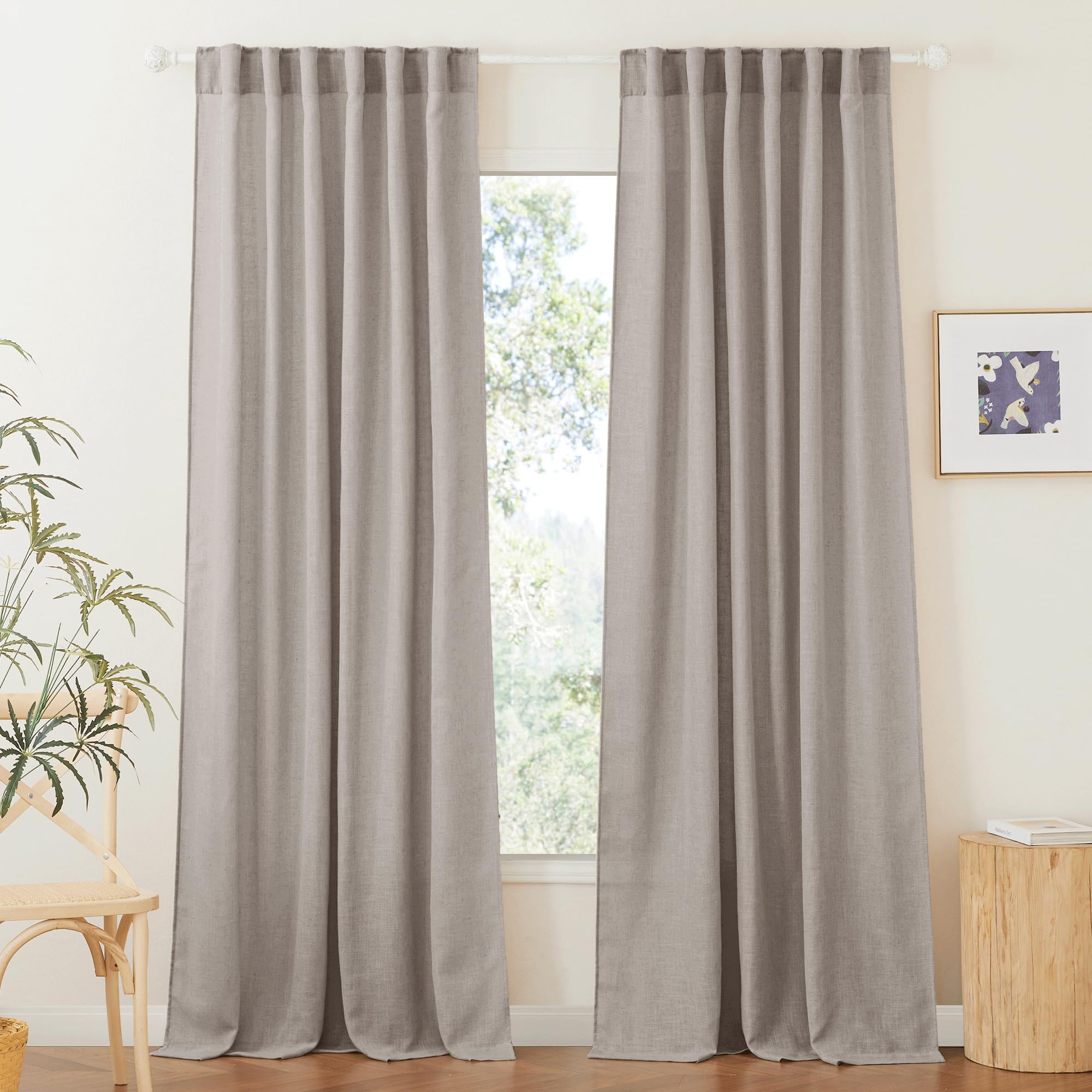RYB HOME Farmhouse Sheer Curtains 108 inch Length, Semi Sheer Curtain & Drapes Large Window Dressing Lights & Winds Filter for Bedroom Home Office Living Room, Linen, W 70 x L 108 inch Long, 1 Pair