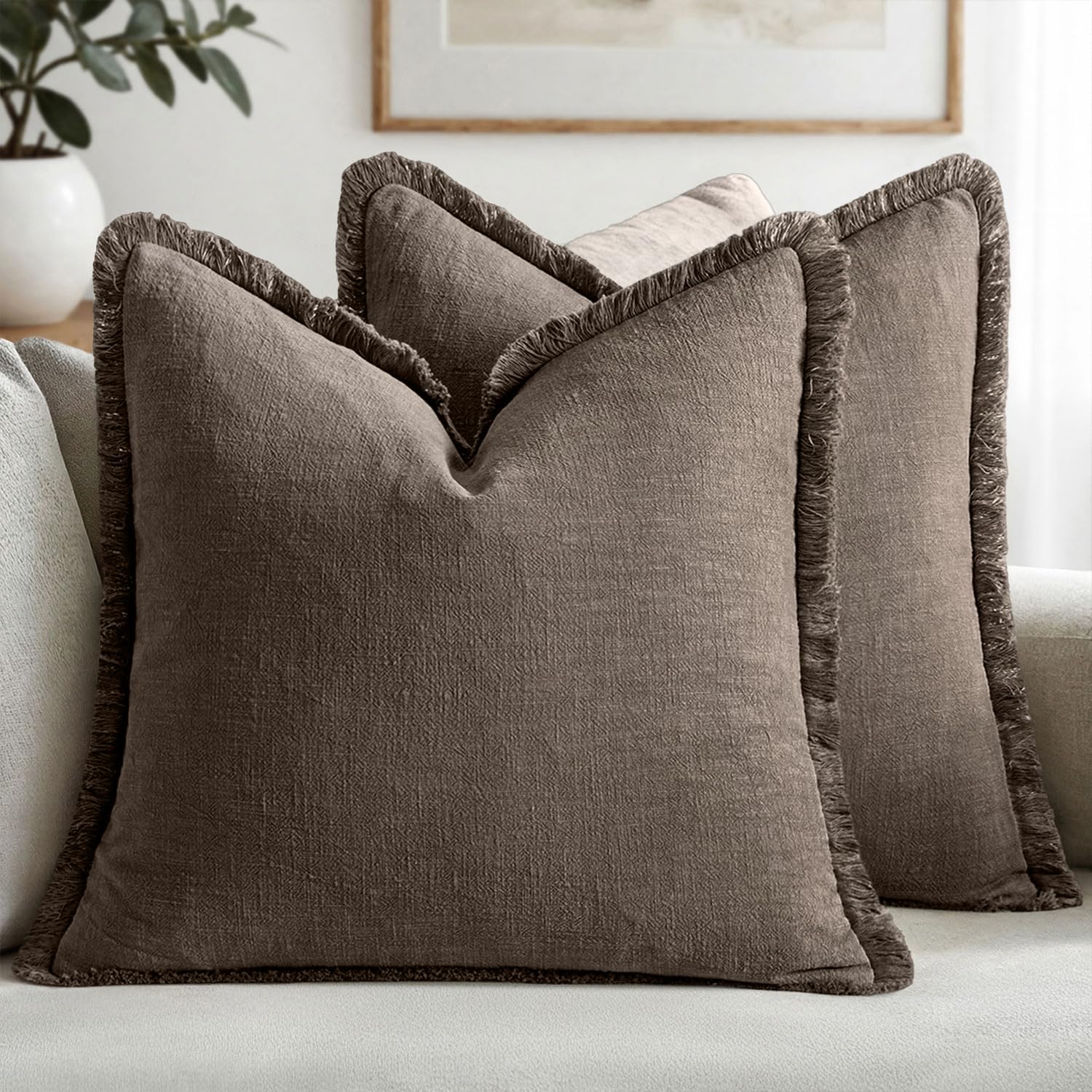 MIULEE Decorative Throw Pillow Covers Neutral Linen Fringe Throw Pillows Euro Shams Set of 2 Sage Green Boho Farmhouse Cushion Covers for Couch Sofa Bed Living Room Spring Home Decor 26x26 Inch