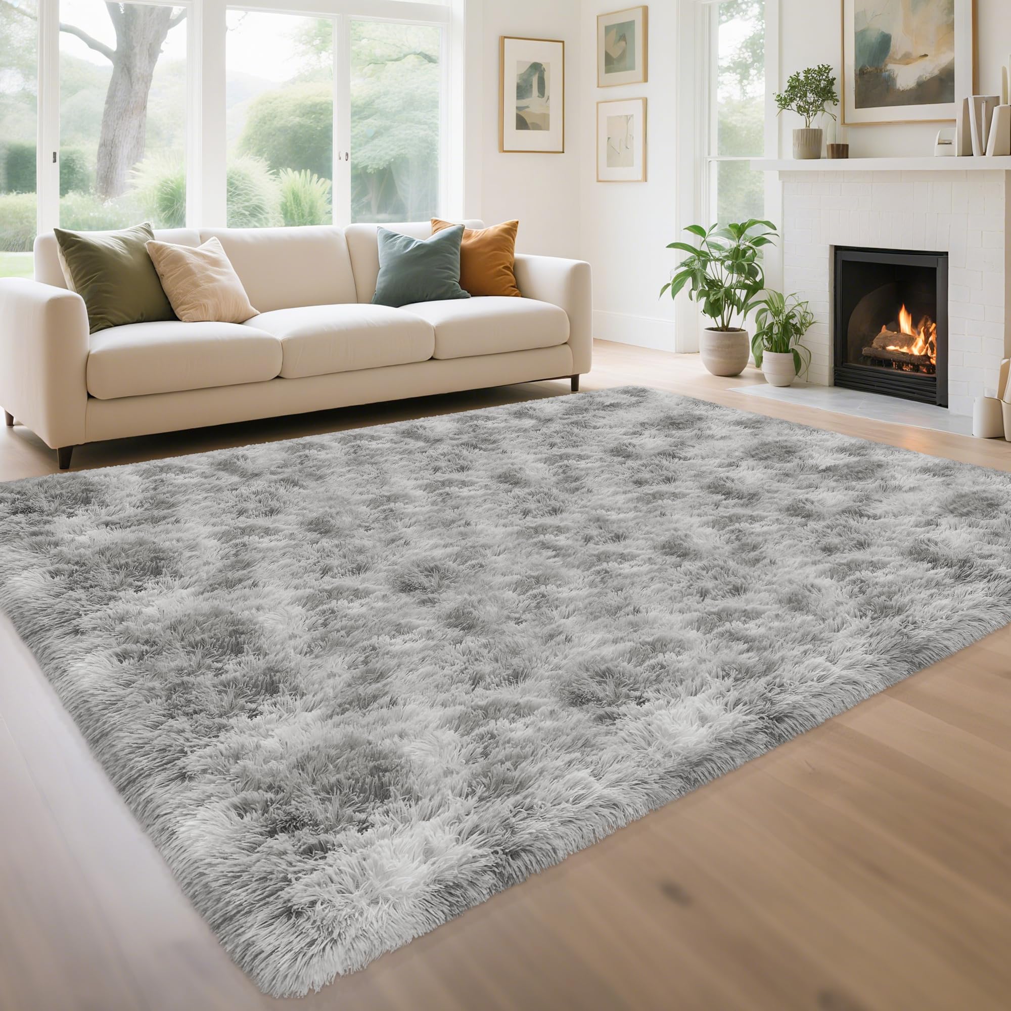 5x8 Ft Light Grey Large Area Rugs for Bedroom,Fluffy Furry Rug Floor Carpets Shaggy Playing Mat for Kids Baby Girls Room Nursery Home Decor Tie Dyed Gray Thick Rugs Fuzzy Home Decor