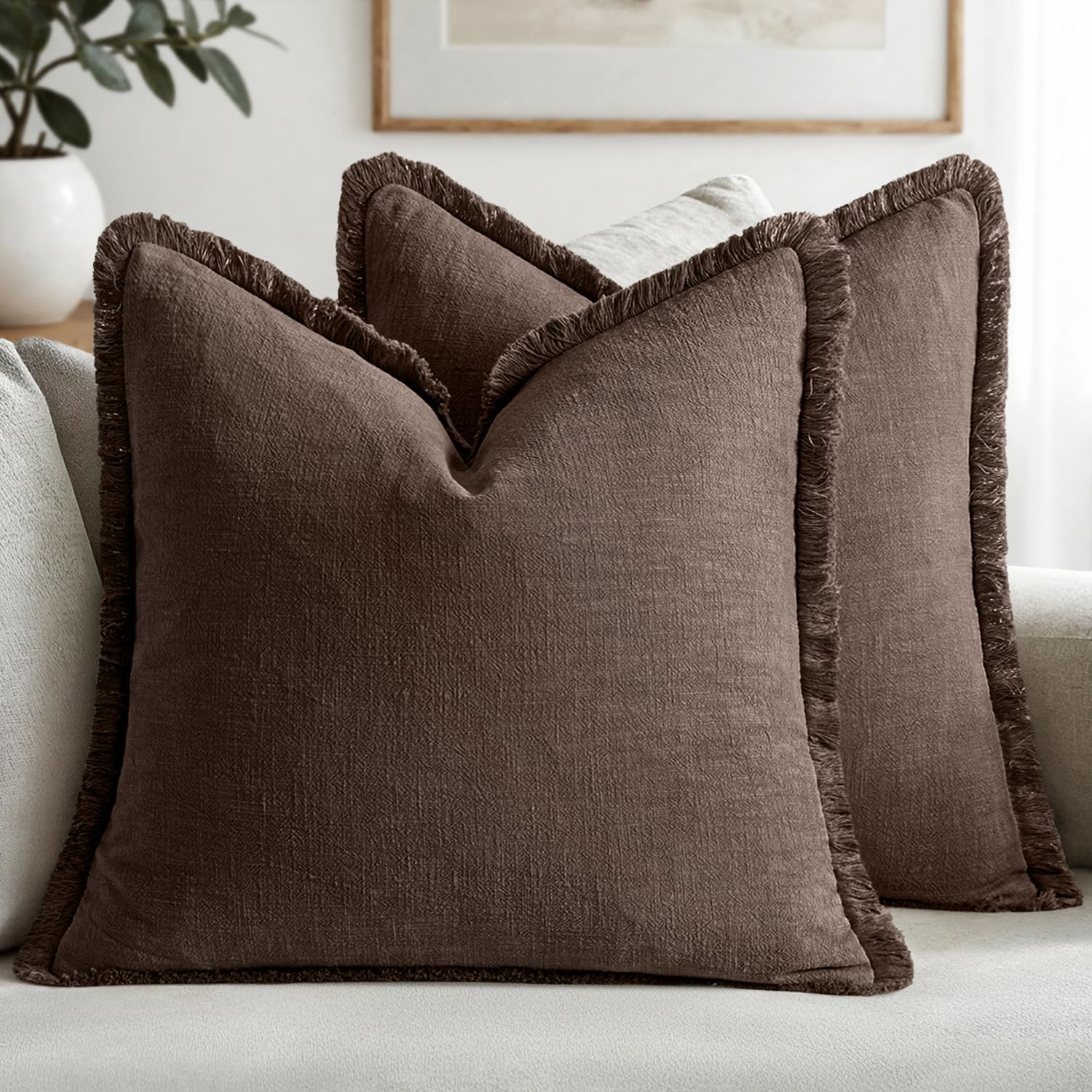 MIULEE Decorative Throw Pillow Covers Neutral Linen Fringe Throw Pillows Euro Shams Set of 2 Brown Boho Farmhouse Cushion Covers for Couch Sofa Bed Living Room Spring Home Decor 26x26 Inch