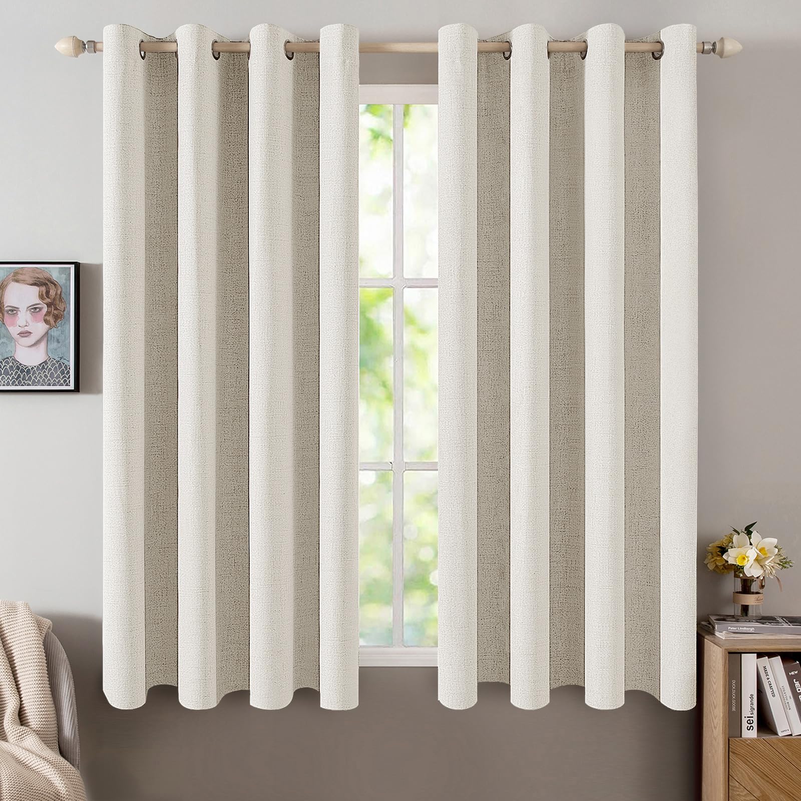 MIULEE 100% Blackout Linen Curtains for Bedroom Thermal Insulated Birch Grommet Room Darkening Curtains & Drapes for Living Room Nursery 52 x 96 Inch (2 Panels)