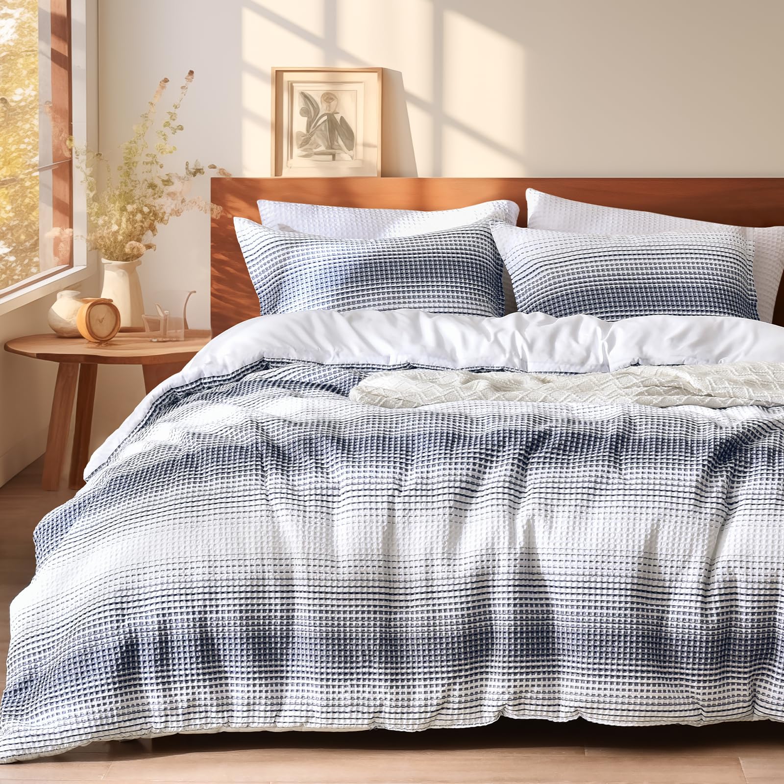 PHF Ultra Soft Waffle Weave Comforter Set Queen Size, 3 Pieces Lightweight Breathable Comfy Bedding Set, Comfy Textured 1 Comforter with 2 Pillow Shams, Linen