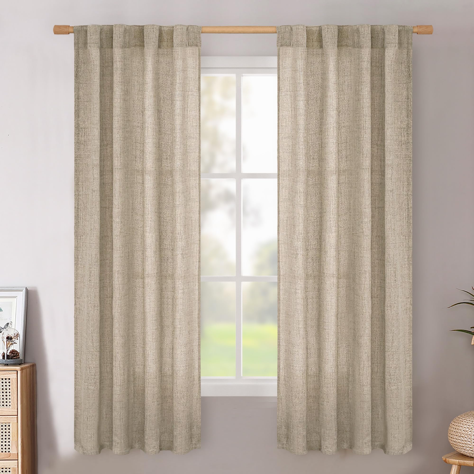 BGment Long 102 Inch Length Linen Curtains for Living Room, Natural Rod Pocket Textured Burlap Drapes Rustic Country Light Filtering for Bedroom Semi Sheer Back Tab, 2 Panel, 52 Inch Wide Each Panel