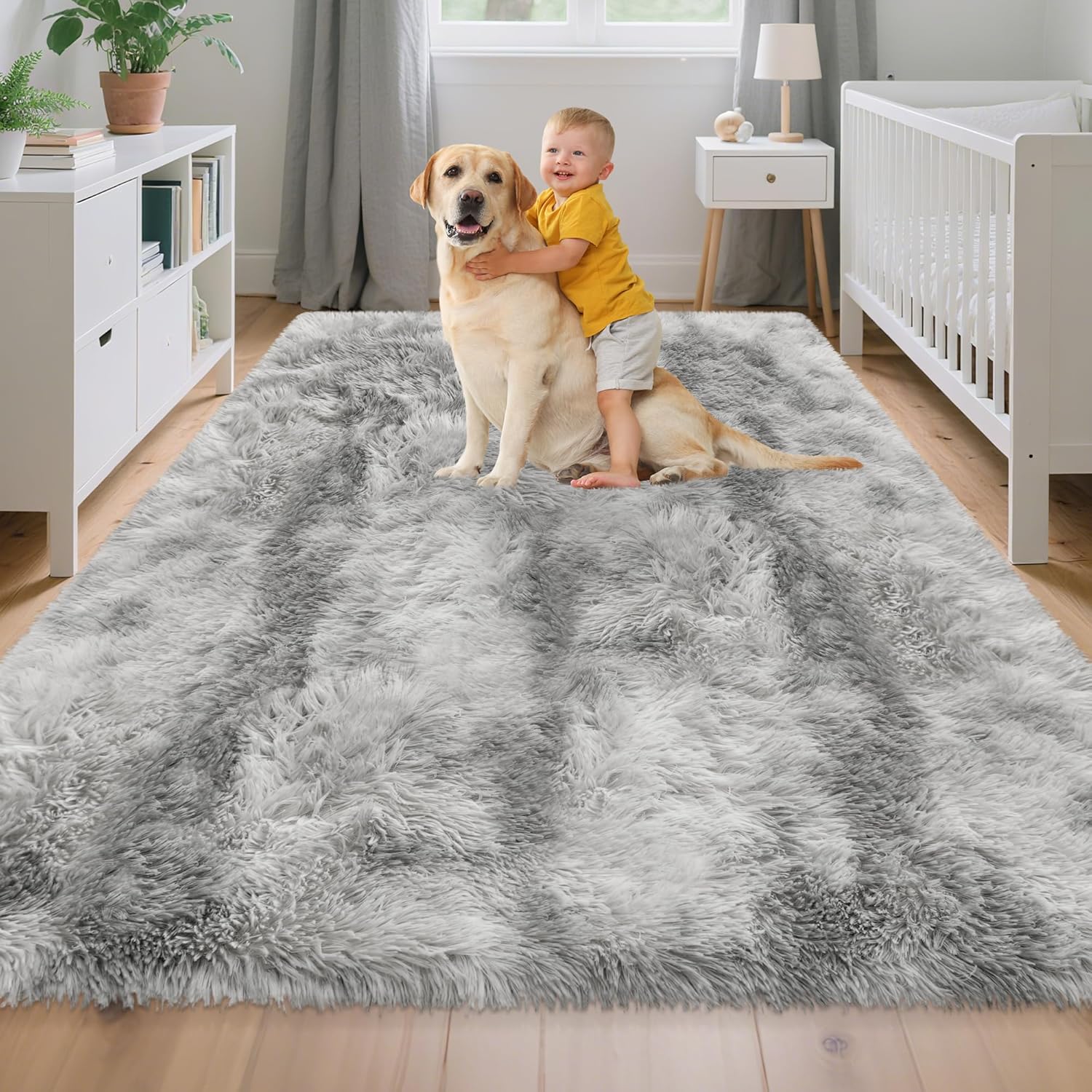 5x8 Ft Light Grey Large Area Rugs for Bedroom,Fluffy Furry Rug Floor Carpets Shaggy Playing Mat for Kids Baby Girls Room Nursery Home Decor Tie Dyed Gray Thick Rugs Fuzzy Home Decor