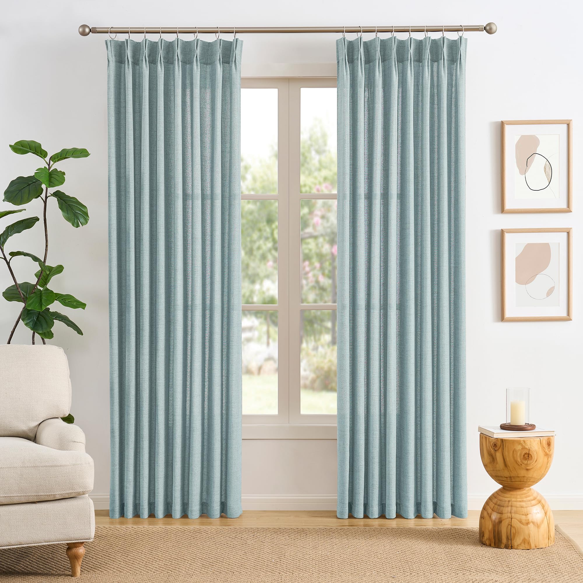 RAIN CITY 102 Inch Curtains Pinch Pleated 2 Panels Set, Back Tab with Hooks Semi Sheer Linen Curtains for Living Room Primitive Window Drapes for Sliding Door Sand Beach Decor 42 Each Wide