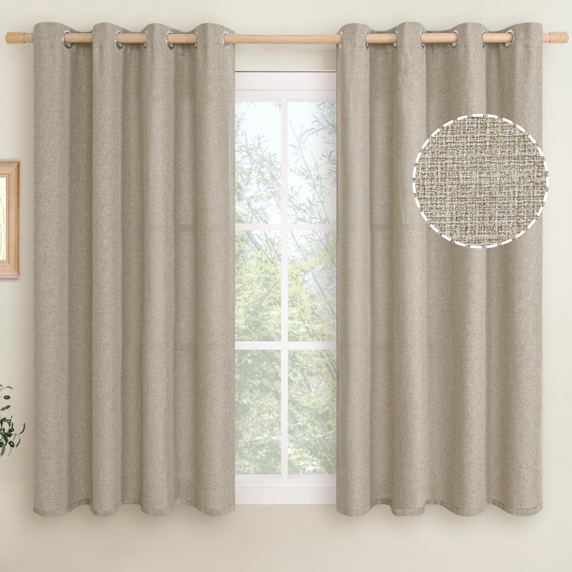 LAMIT Natural Beige Linen Curtains for Bedroom, 84 inches Grommet Thermal Insulated Thick Burlap Farmhouse Neutral Curtains Noise Reducing Light Filtering Drapes for Living Room, 2 Panels, W60 x L84